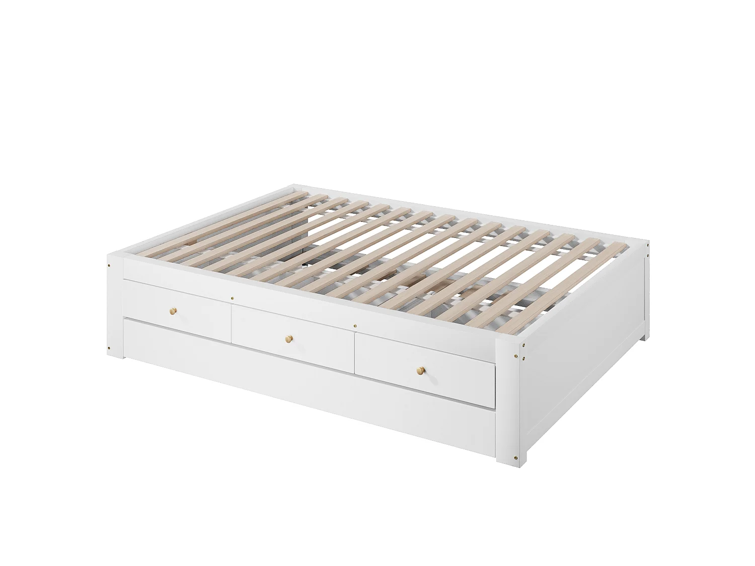 Double bed 90x200 cm - With trundle bed 90x190 cm and 3 drawers - Slatted bed base - MDF+Pine - White (without mattress)