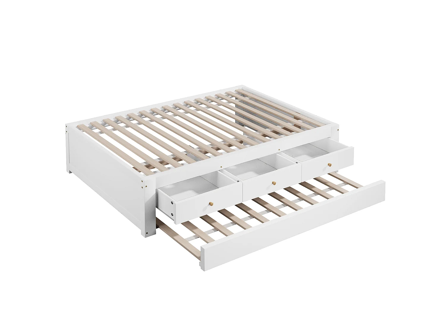 Double bed 90x200 cm - With trundle bed 90x190 cm and 3 drawers - Slatted bed base - MDF+Pine - White (without mattress)