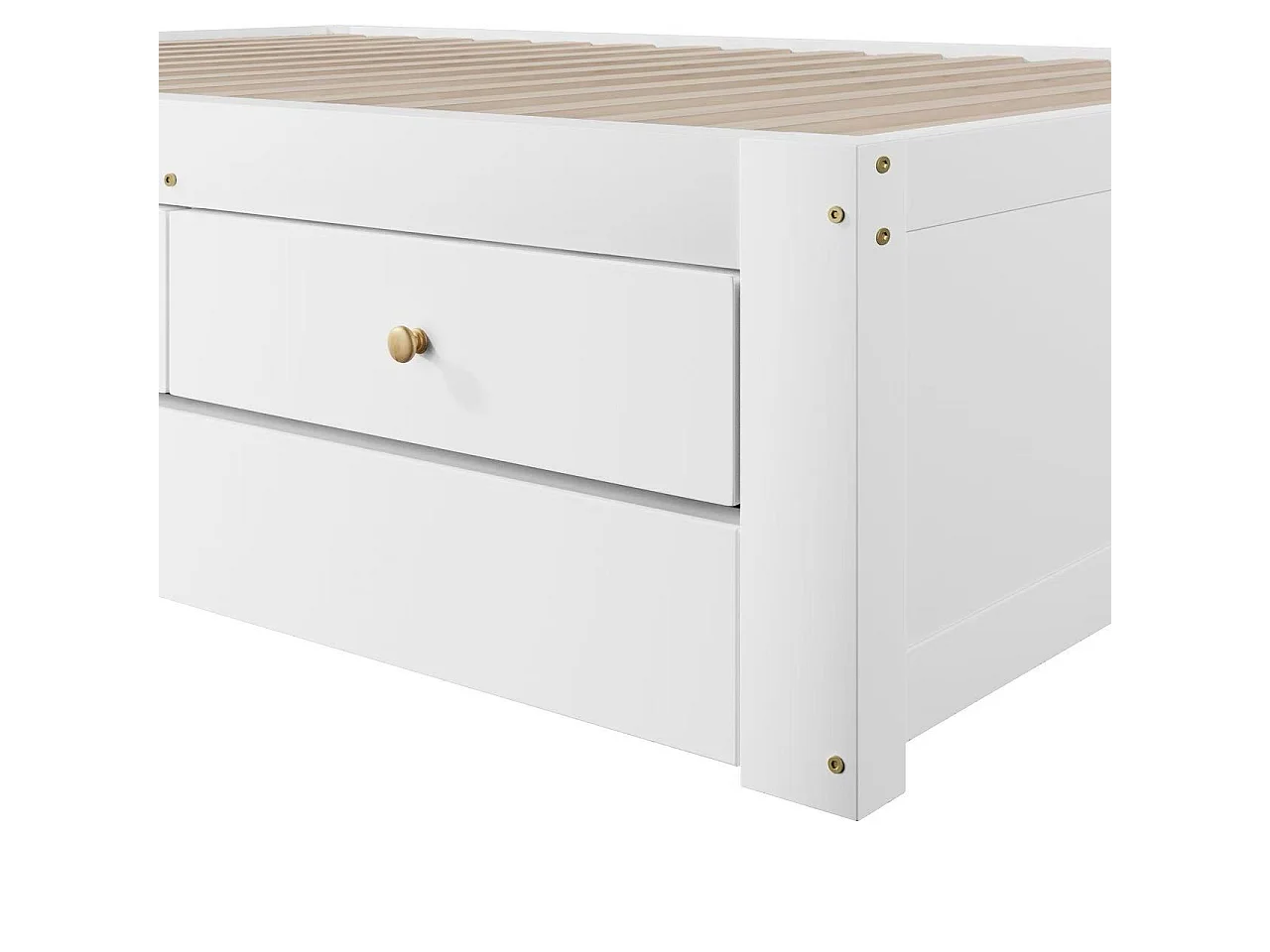 Double bed 90x200 cm - With trundle bed 90x190 cm and 3 drawers - Slatted bed base - MDF+Pine - White (without mattress)