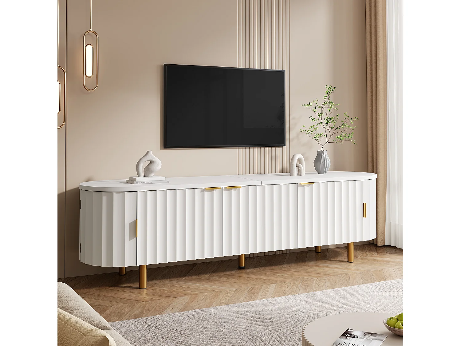 Nowoczesna szafka RTV 170x40x47 cm - 5 drzwi - Panele z pionowymi reliefami - Nóżki i uchwyty z metalu - MDF - Biały