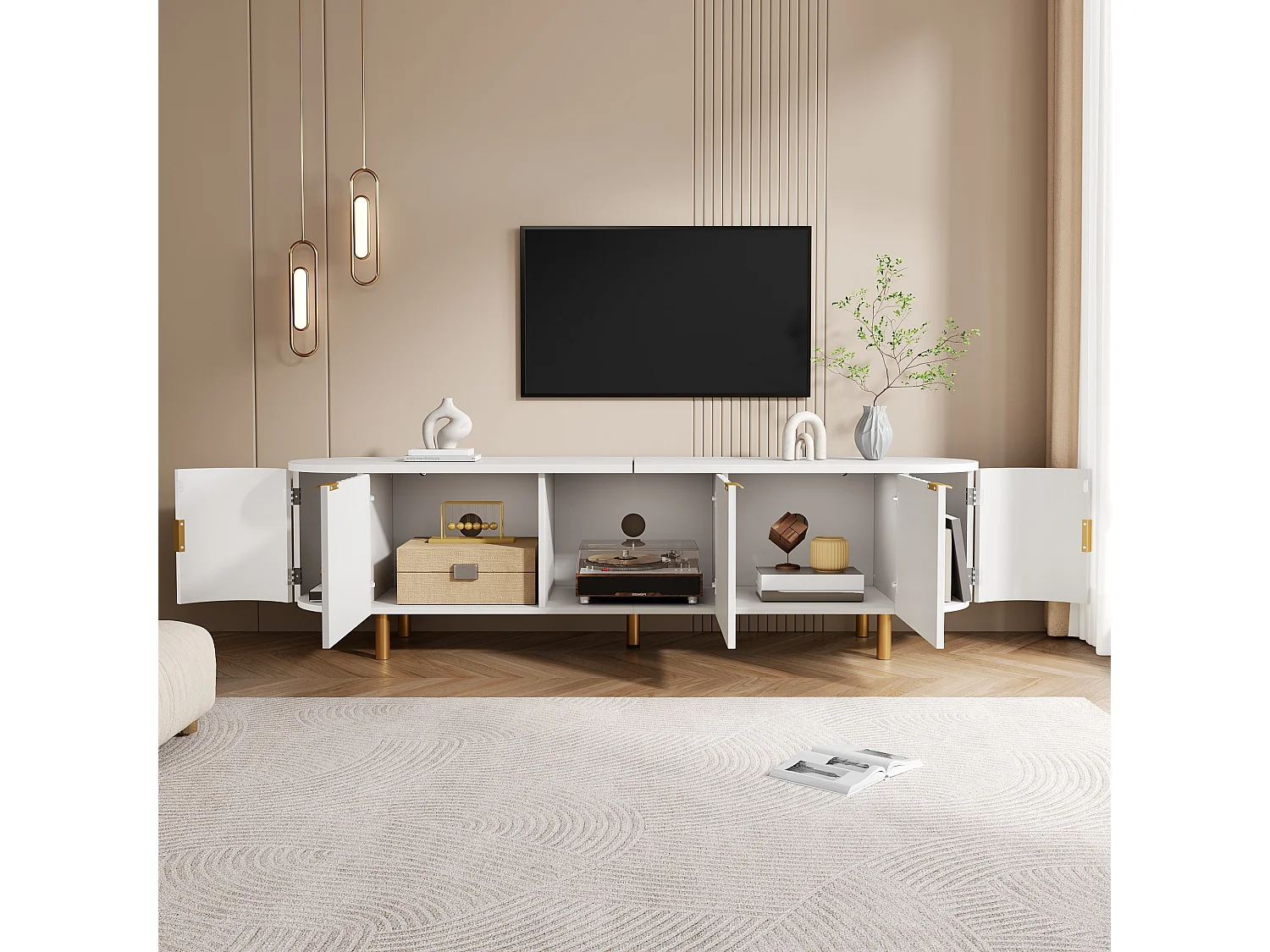 Nowoczesna szafka RTV 170x40x47 cm - 5 drzwi - Panele z pionowymi reliefami - Nóżki i uchwyty z metalu - MDF - Biały