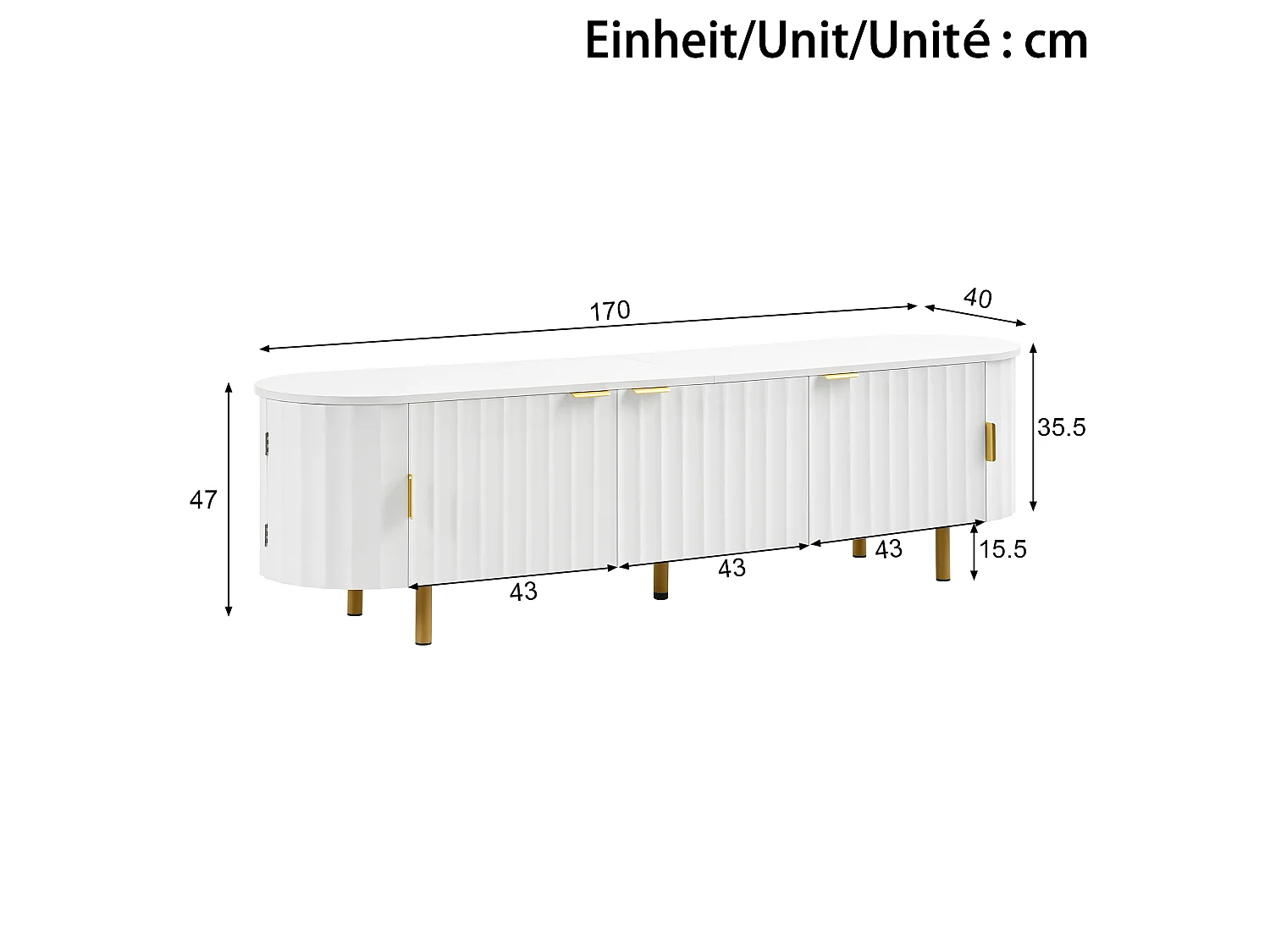 Nowoczesna szafka RTV 170x40x47 cm - 5 drzwi - Panele z pionowymi reliefami - Nóżki i uchwyty z metalu - MDF - Biały
