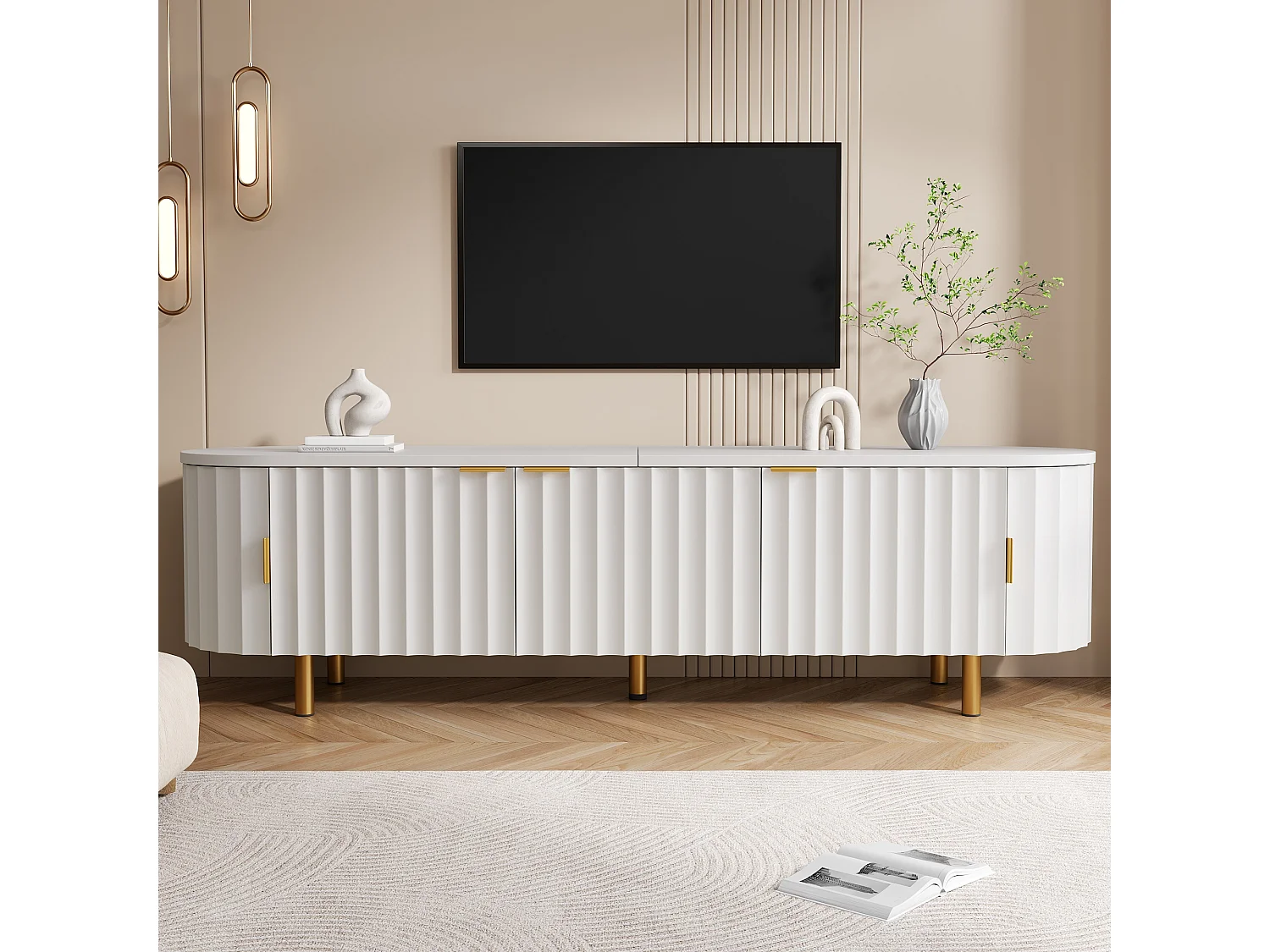 Nowoczesna szafka RTV 170x40x47 cm - 5 drzwi - Panele z pionowymi reliefami - Nóżki i uchwyty z metalu - MDF - Biały