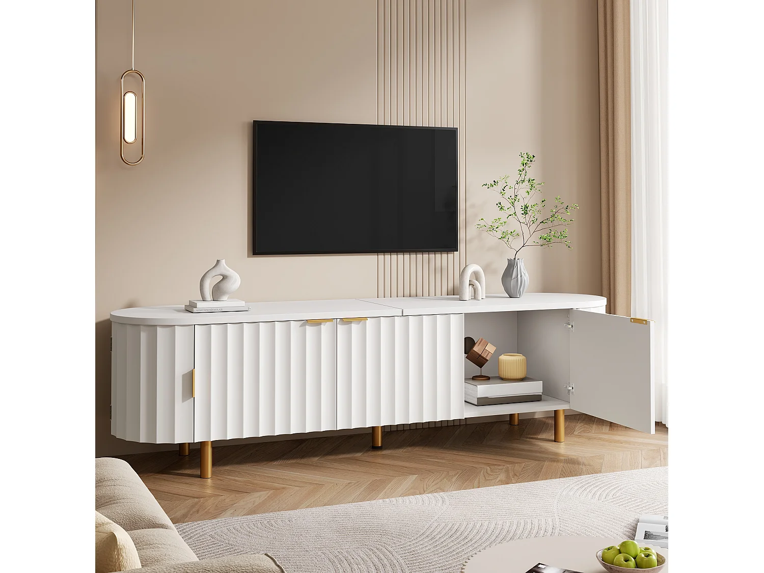 Nowoczesna szafka RTV 170x40x47 cm - 5 drzwi - Panele z pionowymi reliefami - Nóżki i uchwyty z metalu - MDF - Biały