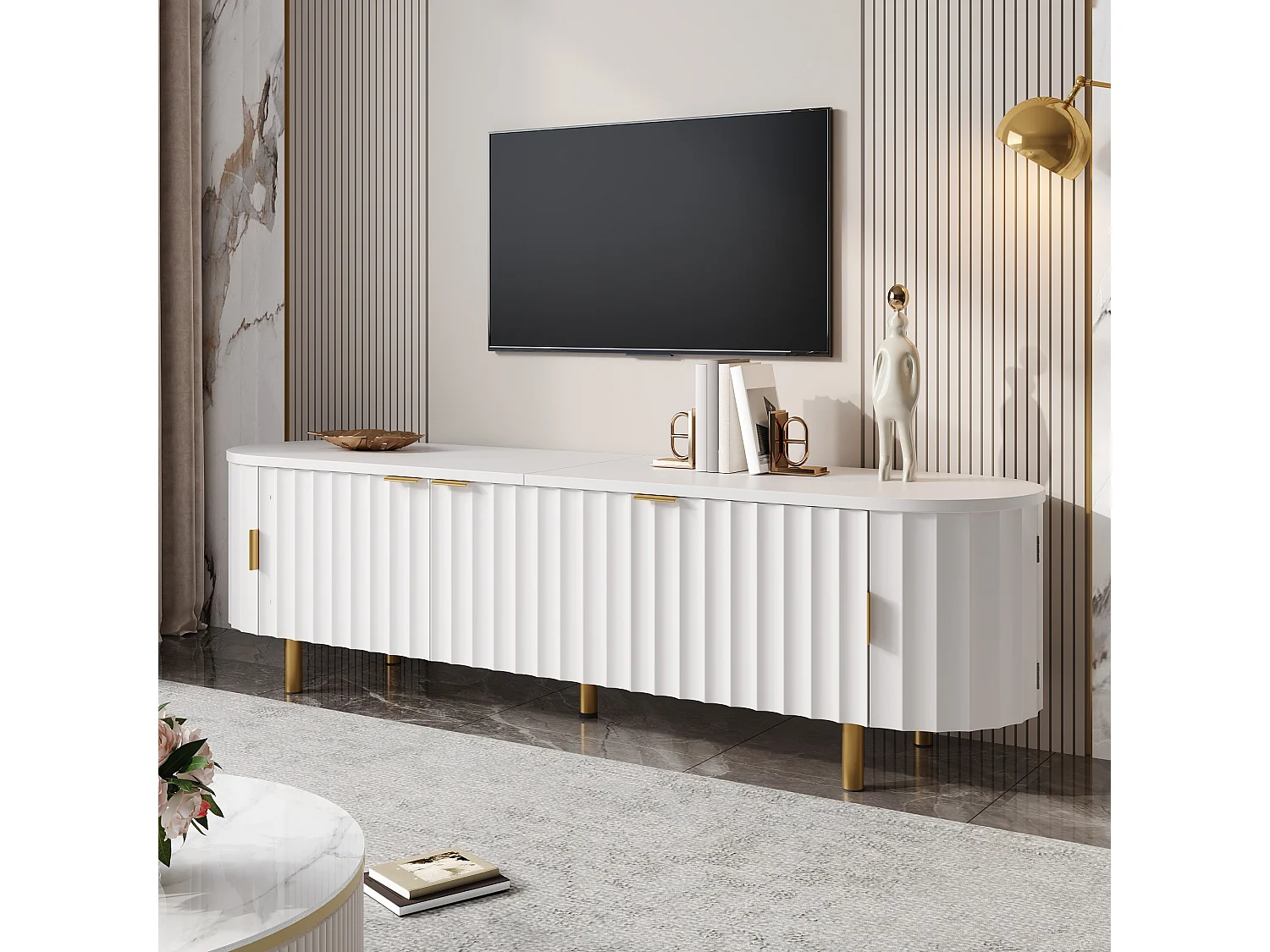 Nowoczesna szafka RTV 170x40x47 cm - 5 drzwi - Panele z pionowymi reliefami - Nóżki i uchwyty z metalu - MDF - Biały