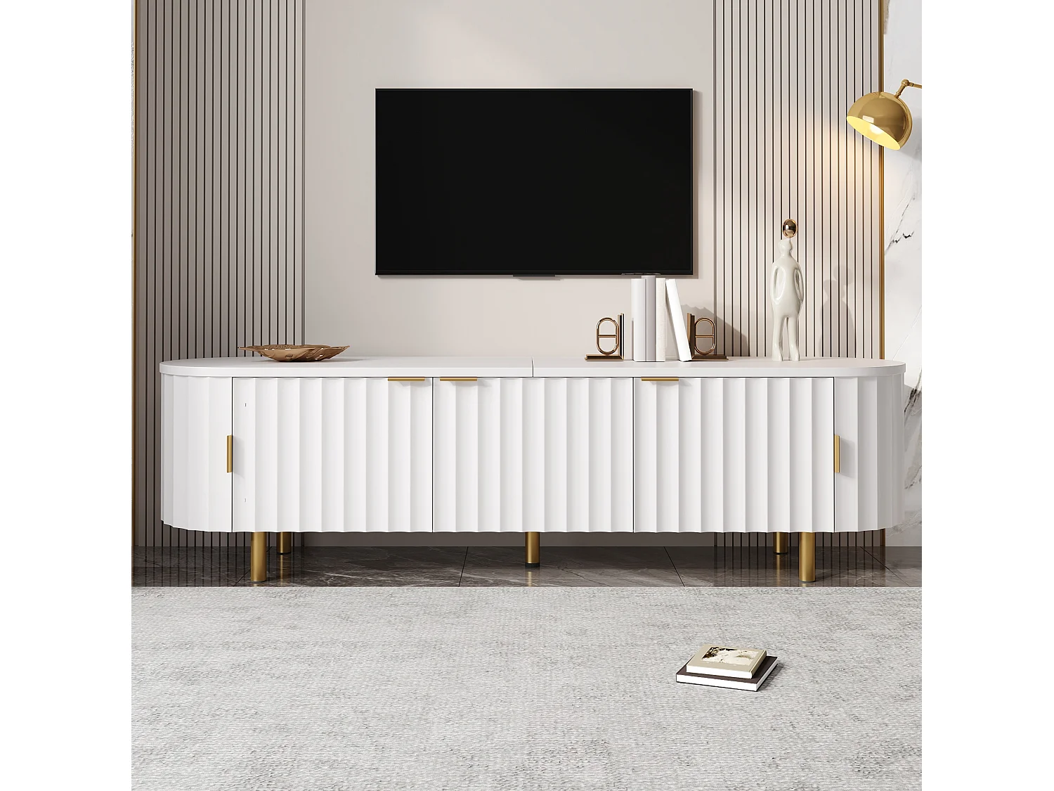 Nowoczesna szafka RTV 170x40x47 cm - 5 drzwi - Panele z pionowymi reliefami - Nóżki i uchwyty z metalu - MDF - Biały