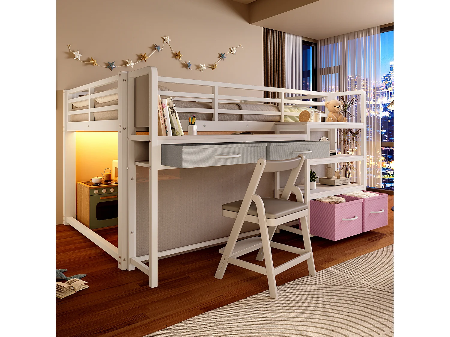 Metall-Hochbett 140x200 cm – Mit Schreibtisch und 4 Schubladen – Regale und LED-Beleuchtung – Sicherheitsgitter – Weiß(ohne Matratze)