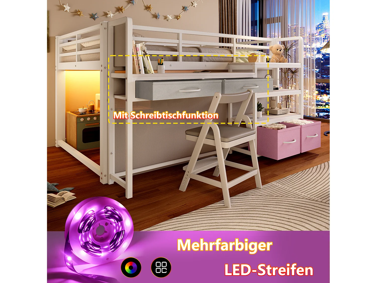 Metall-Hochbett 140x200 cm – Mit Schreibtisch und 4 Schubladen – Regale und LED-Beleuchtung – Sicherheitsgitter – Weiß(ohne Matratze)