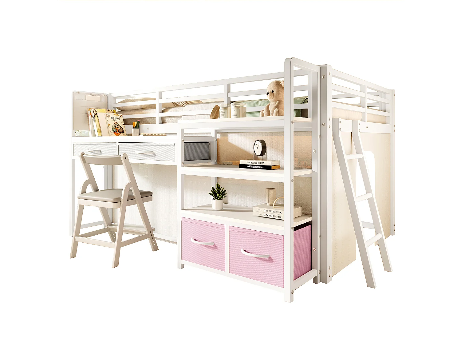 Metall-Hochbett 140x200 cm – Mit Schreibtisch und 4 Schubladen – Regale und LED-Beleuchtung – Sicherheitsgitter – Weiß(ohne Matratze)