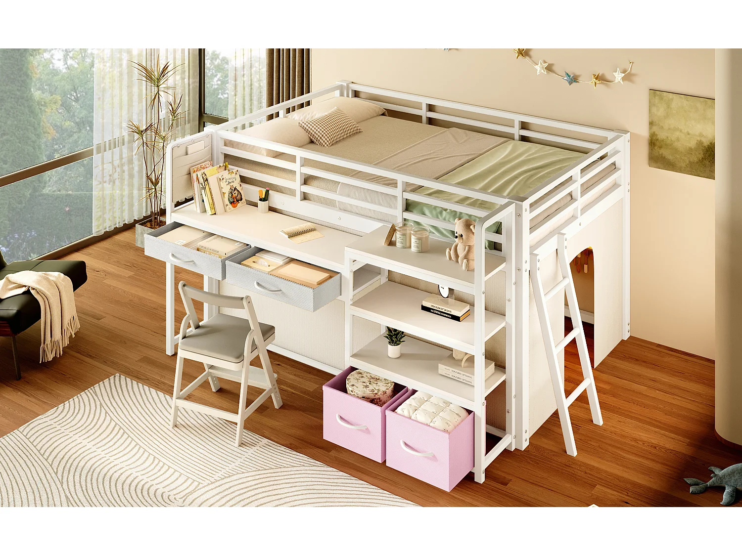Metall-Hochbett 140x200 cm – Mit Schreibtisch und 4 Schubladen – Regale und LED-Beleuchtung – Sicherheitsgitter – Weiß(ohne Matratze)