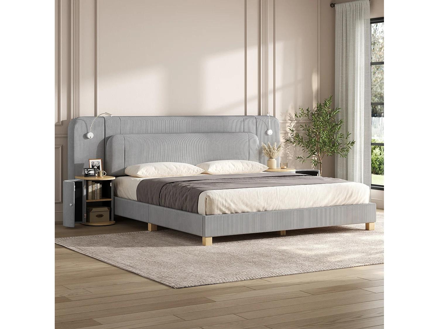 Double bed 180 x 200 cm in corduroy - Adult bed with 2 headboards and bedside lamps - MDF - Grey (without mattress)