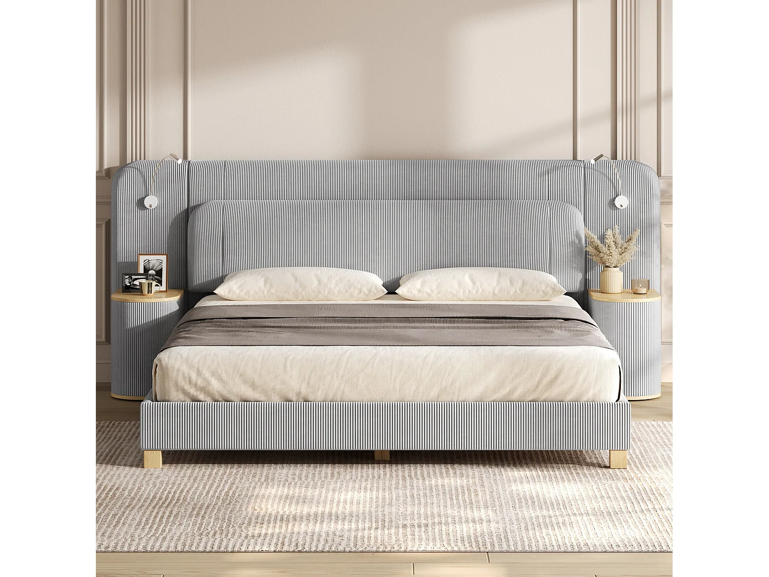 Double bed 180 x 200 cm in corduroy - Adult bed with 2 headboards and bedside lamps - MDF - Grey (without mattress)
