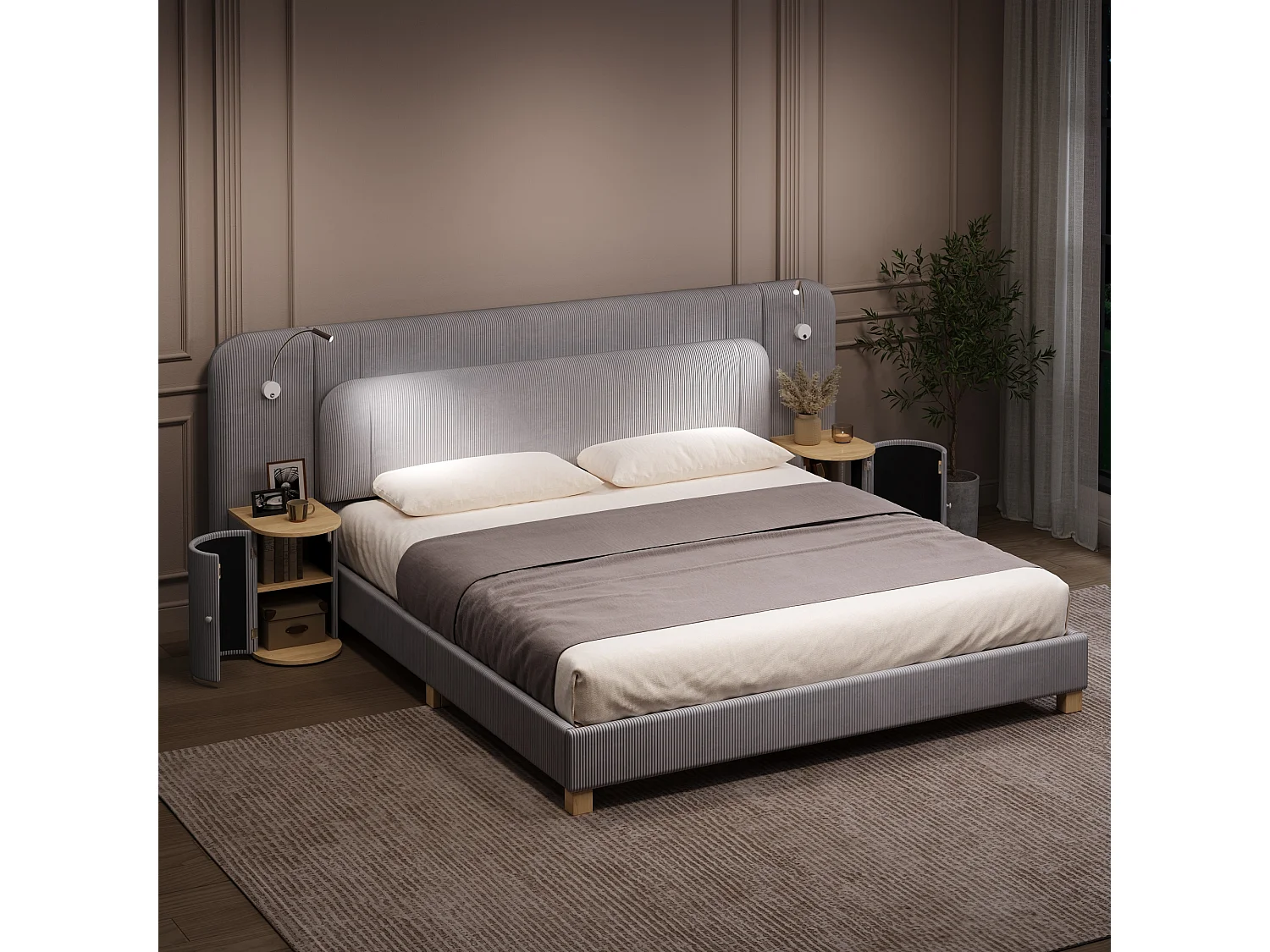 Double bed 180 x 200 cm in corduroy - Adult bed with 2 headboards and bedside lamps - MDF - Grey (without mattress)