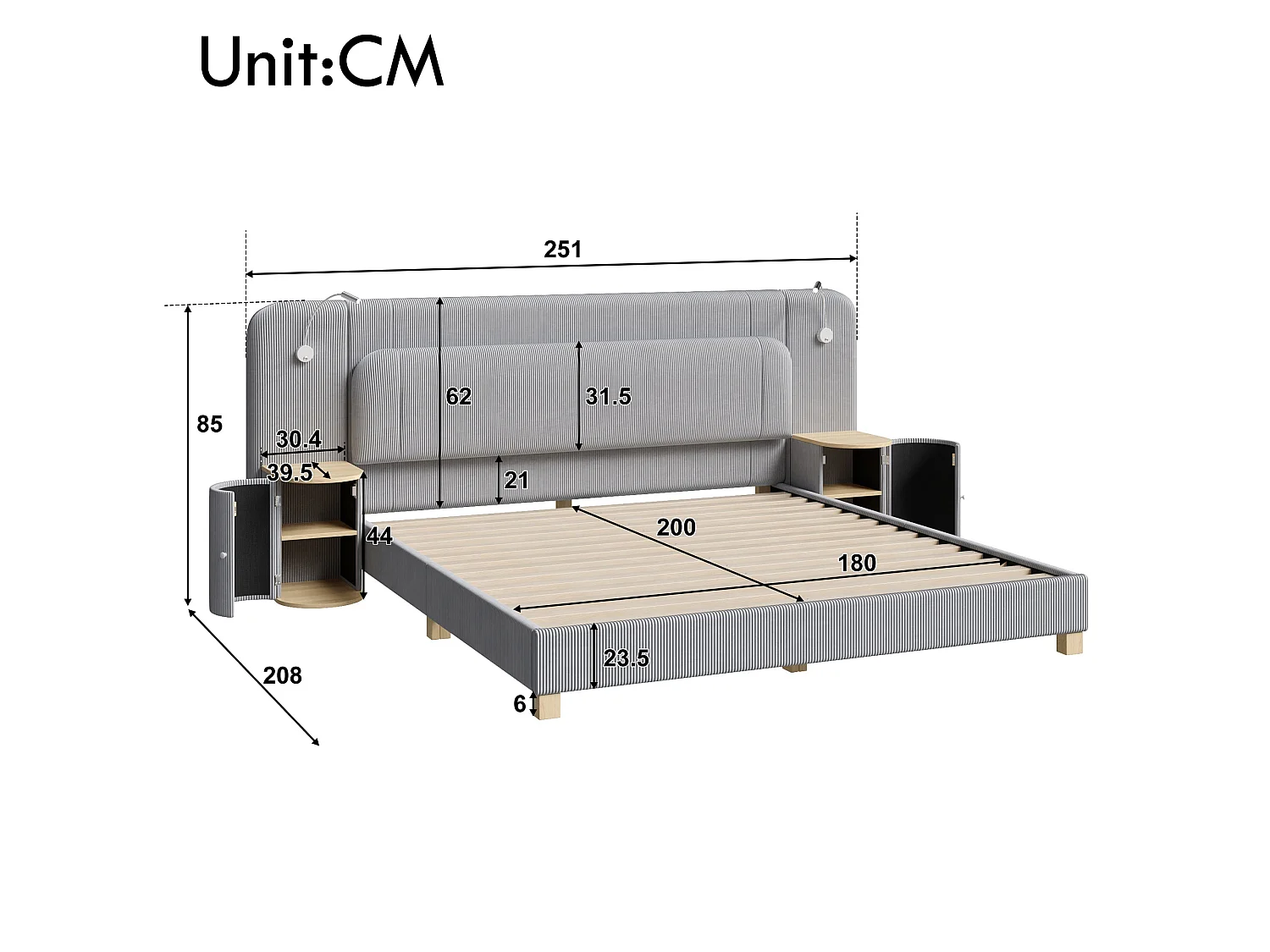 Double bed 180 x 200 cm in corduroy - Adult bed with 2 headboards and bedside lamps - MDF - Grey (without mattress)