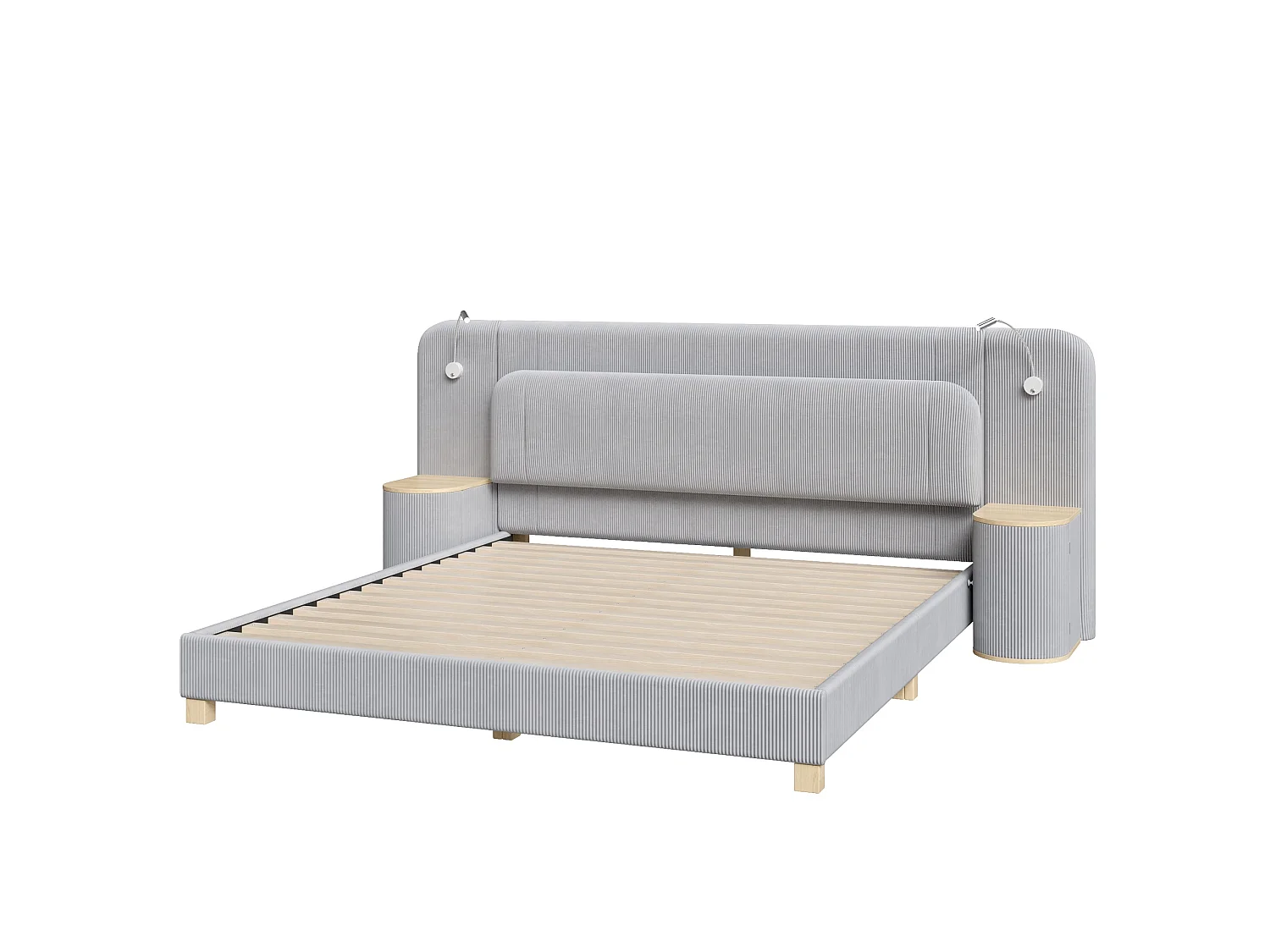 Double bed 180 x 200 cm in corduroy - Adult bed with 2 headboards and bedside lamps - MDF - Grey (without mattress)