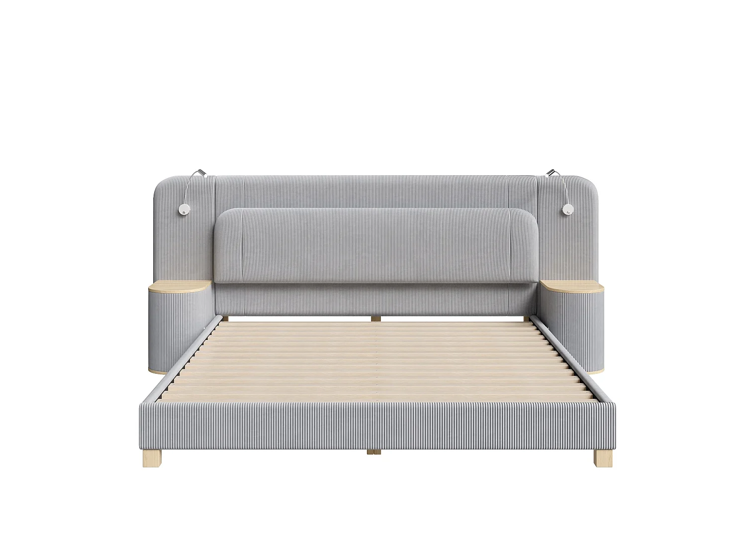 Double bed 180 x 200 cm in corduroy - Adult bed with 2 headboards and bedside lamps - MDF - Grey (without mattress)