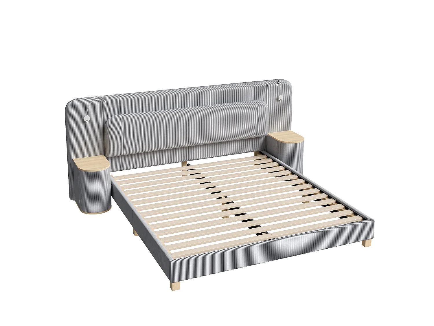 Double bed 180 x 200 cm in corduroy - Adult bed with 2 headboards and bedside lamps - MDF - Grey (without mattress)