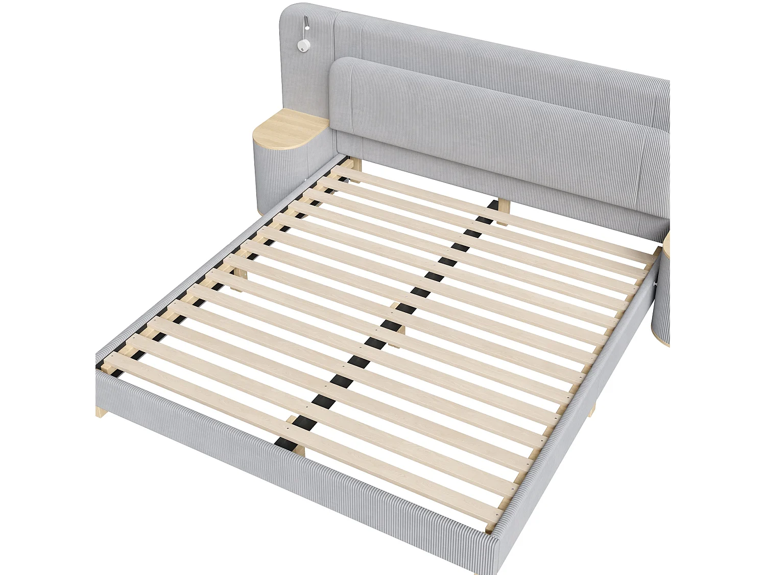 Double bed 180 x 200 cm in corduroy - Adult bed with 2 headboards and bedside lamps - MDF - Grey (without mattress)