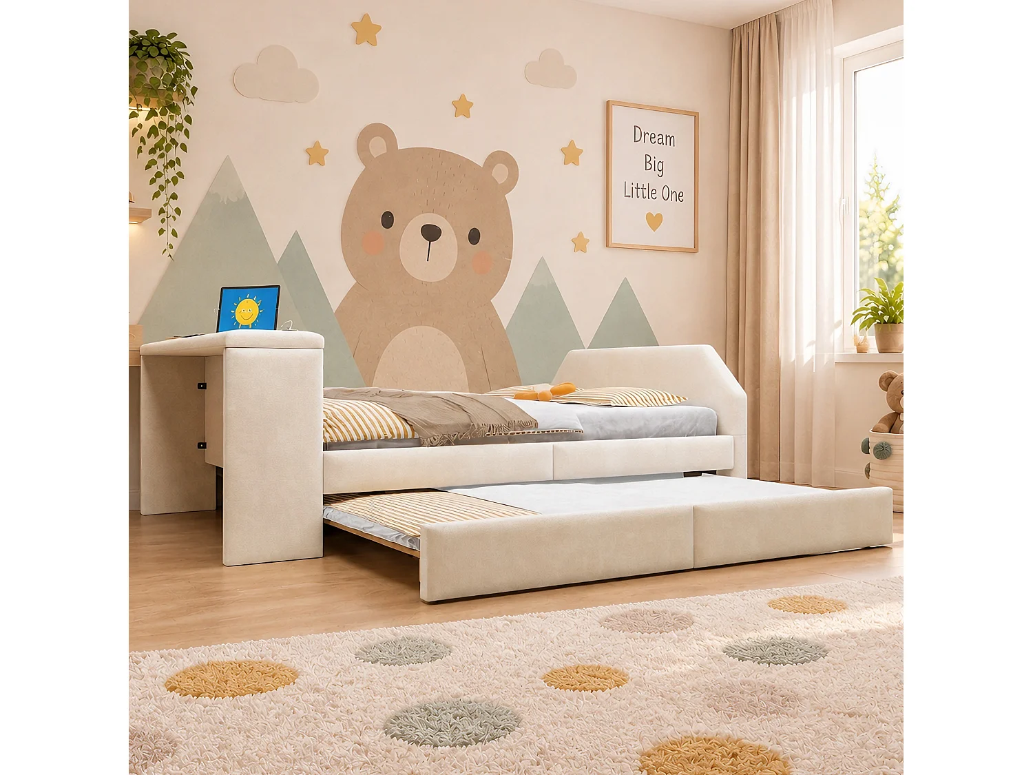 Rembourriertes Kinderbett 140x200 cm – mit USB-Ladeanschluss – mit Ausziehbett – Samt – beige (Matratze nicht enthalten)
