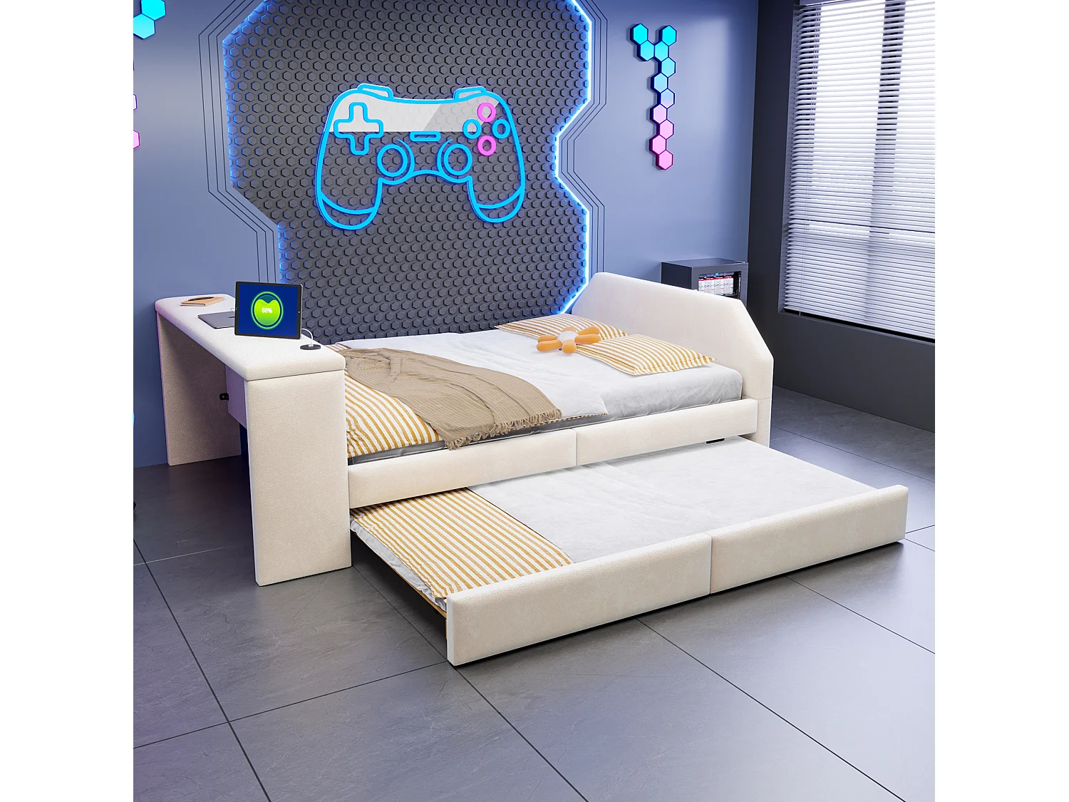Rembourriertes Kinderbett 140x200 cm – mit USB-Ladeanschluss – mit Ausziehbett – Samt – beige (Matratze nicht enthalten)