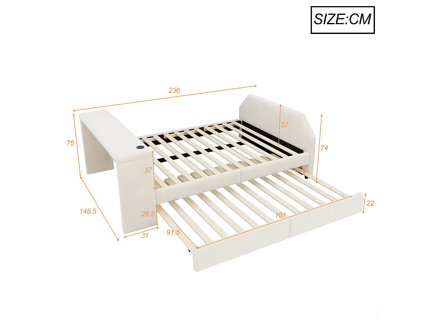 Rembourriertes Kinderbett 140x200 cm – mit USB-Ladeanschluss – mit Ausziehbett – Samt – beige (Matratze nicht enthalten)