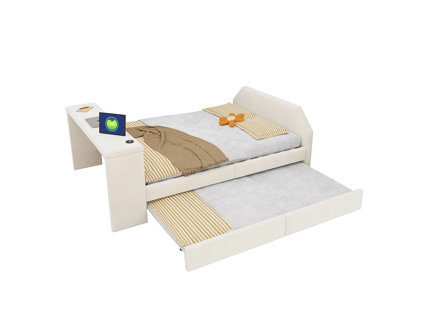 Rembourriertes Kinderbett 140x200 cm – mit USB-Ladeanschluss – mit Ausziehbett – Samt – beige (Matratze nicht enthalten)