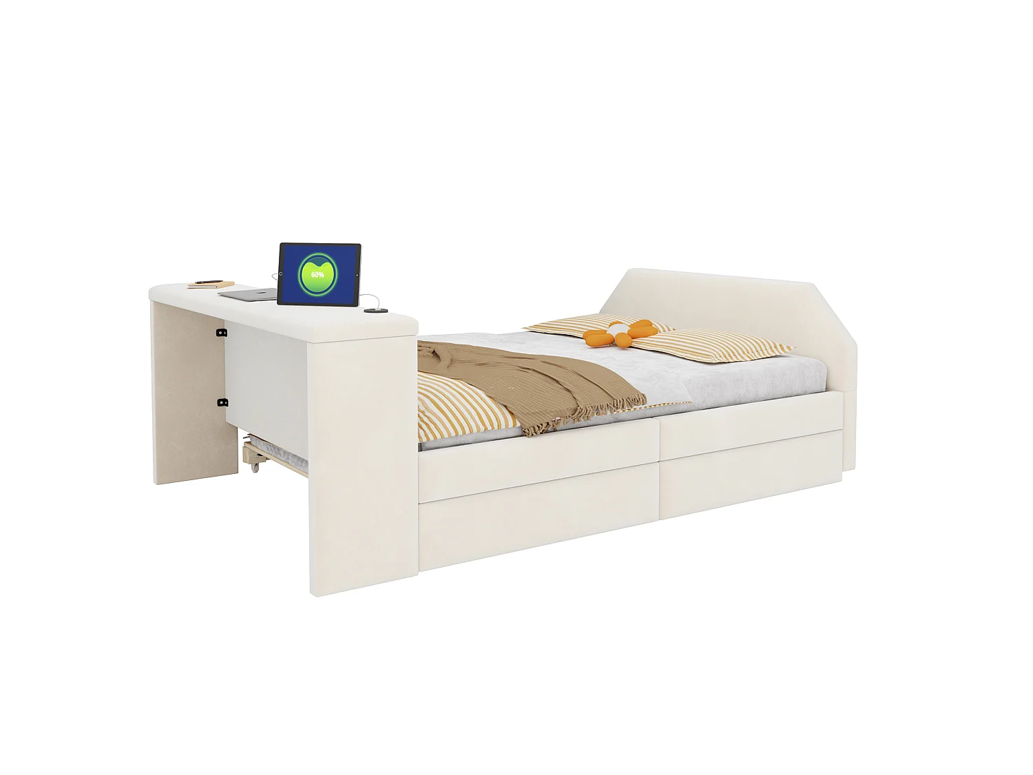 Rembourriertes Kinderbett 140x200 cm – mit USB-Ladeanschluss – mit Ausziehbett – Samt – beige (Matratze nicht enthalten)