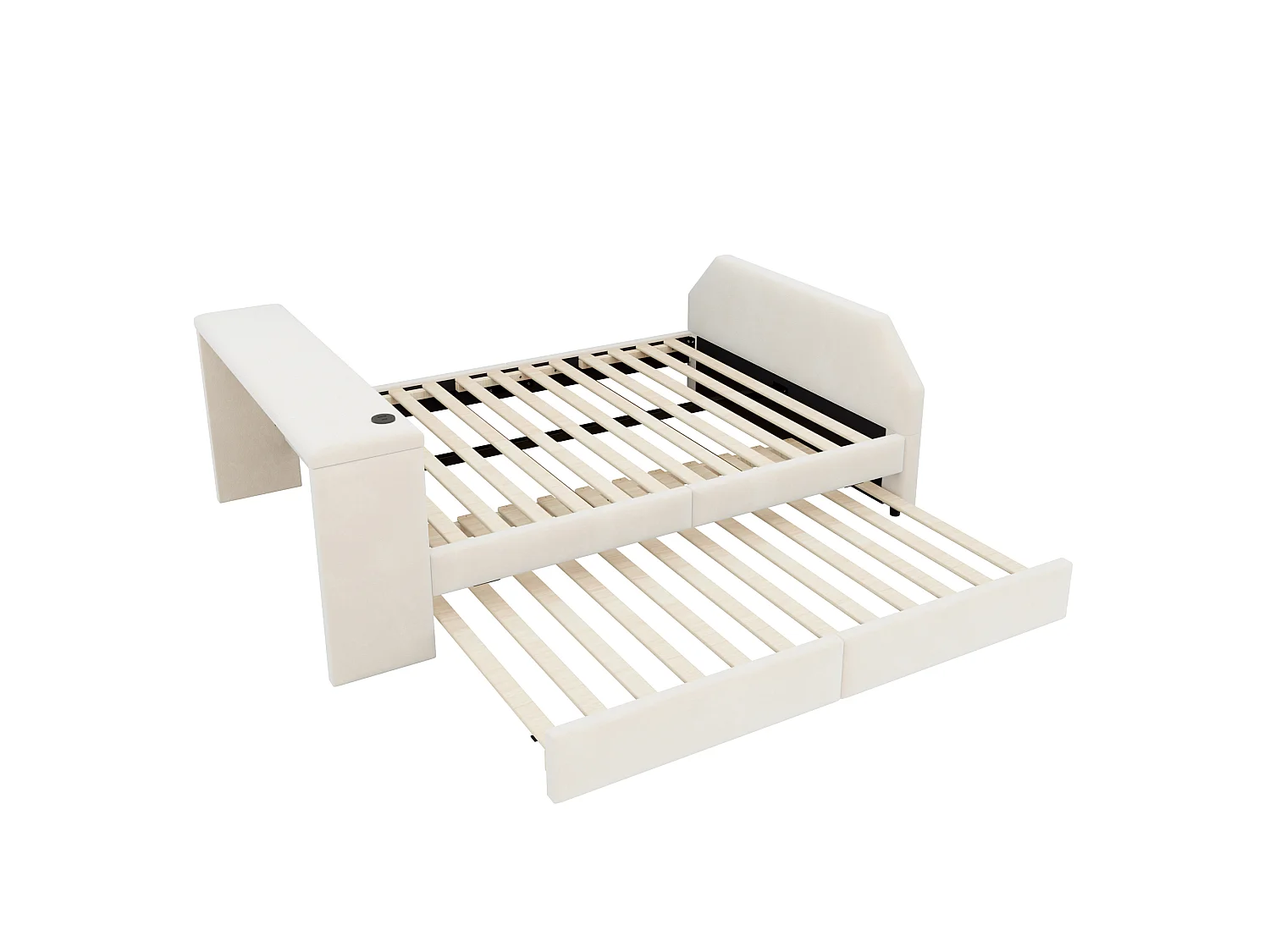 Rembourriertes Kinderbett 140x200 cm – mit USB-Ladeanschluss – mit Ausziehbett – Samt – beige (Matratze nicht enthalten)
