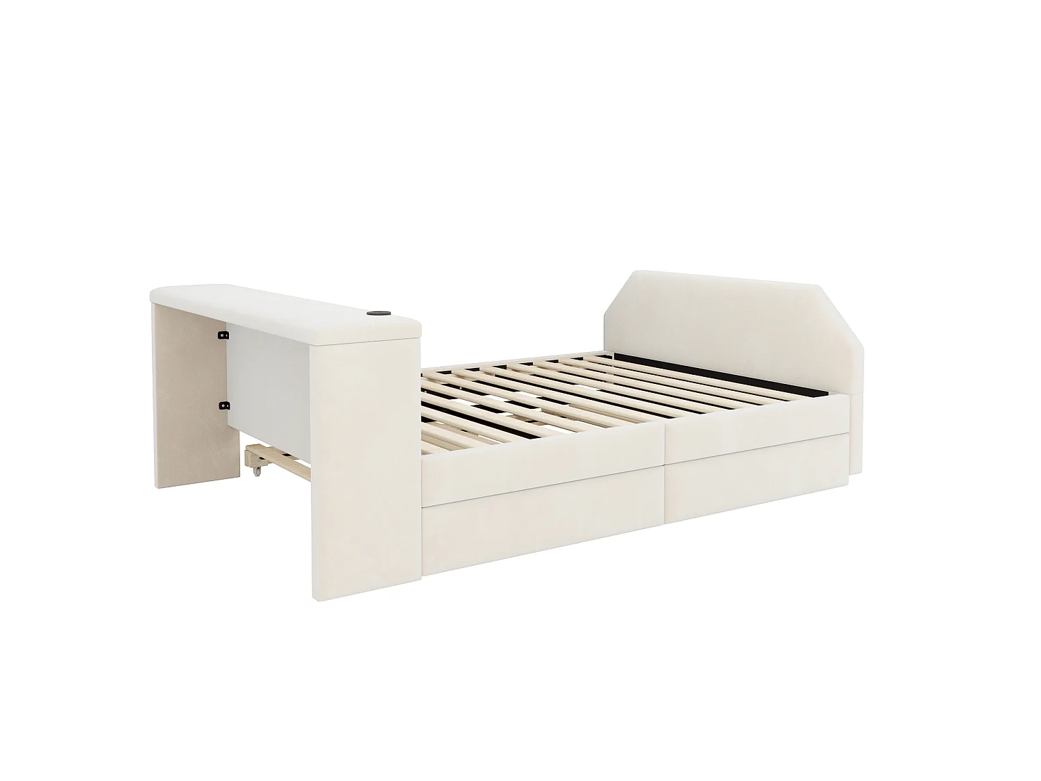 Rembourriertes Kinderbett 140x200 cm – mit USB-Ladeanschluss – mit Ausziehbett – Samt – beige (Matratze nicht enthalten)