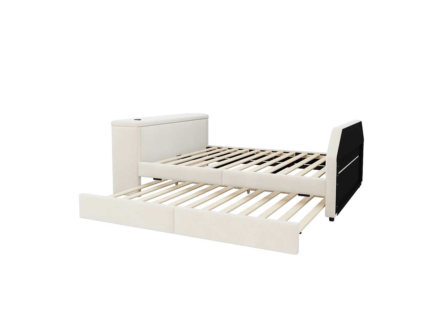 Rembourriertes Kinderbett 140x200 cm – mit USB-Ladeanschluss – mit Ausziehbett – Samt – beige (Matratze nicht enthalten)
