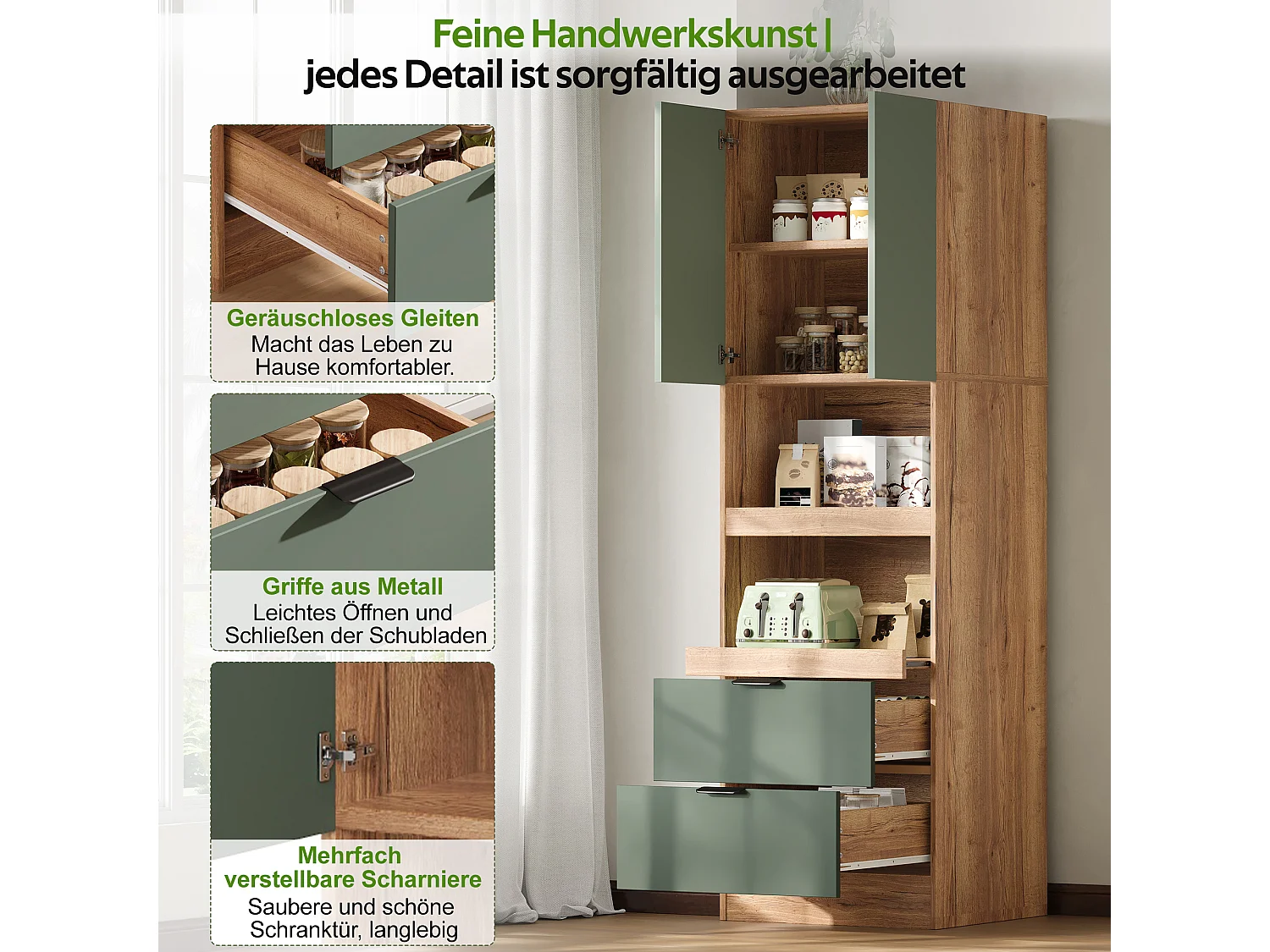 Bufé de cocina 59.5x45x200cm - con 2 puertas y 2 cajones - con 3 niveles de almacenamiento deslizantes y compartimento de almacenamiento - Verde