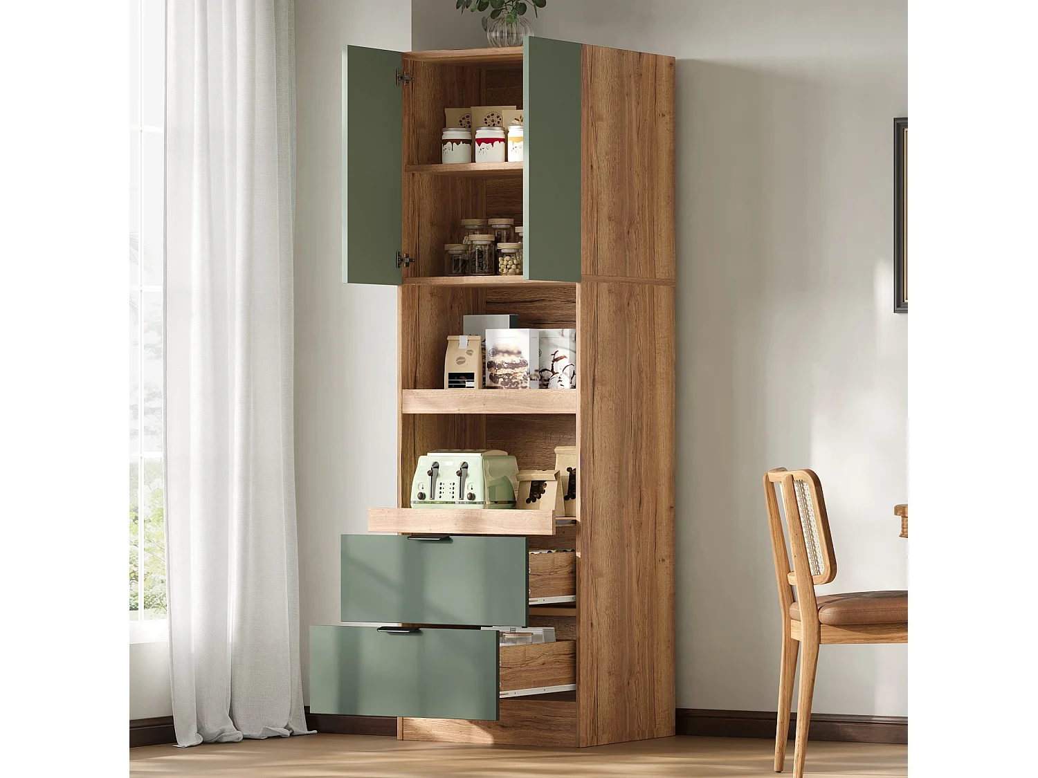 Bufé de cocina 59.5x45x200cm - con 2 puertas y 2 cajones - con 3 niveles de almacenamiento deslizantes y compartimento de almacenamiento - Verde