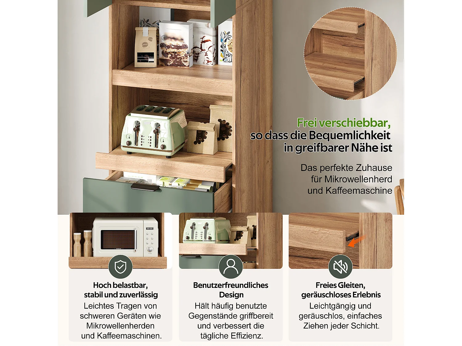 Bufé de cocina 59.5x45x200cm - con 2 puertas y 2 cajones - con 3 niveles de almacenamiento deslizantes y compartimento de almacenamiento - Verde