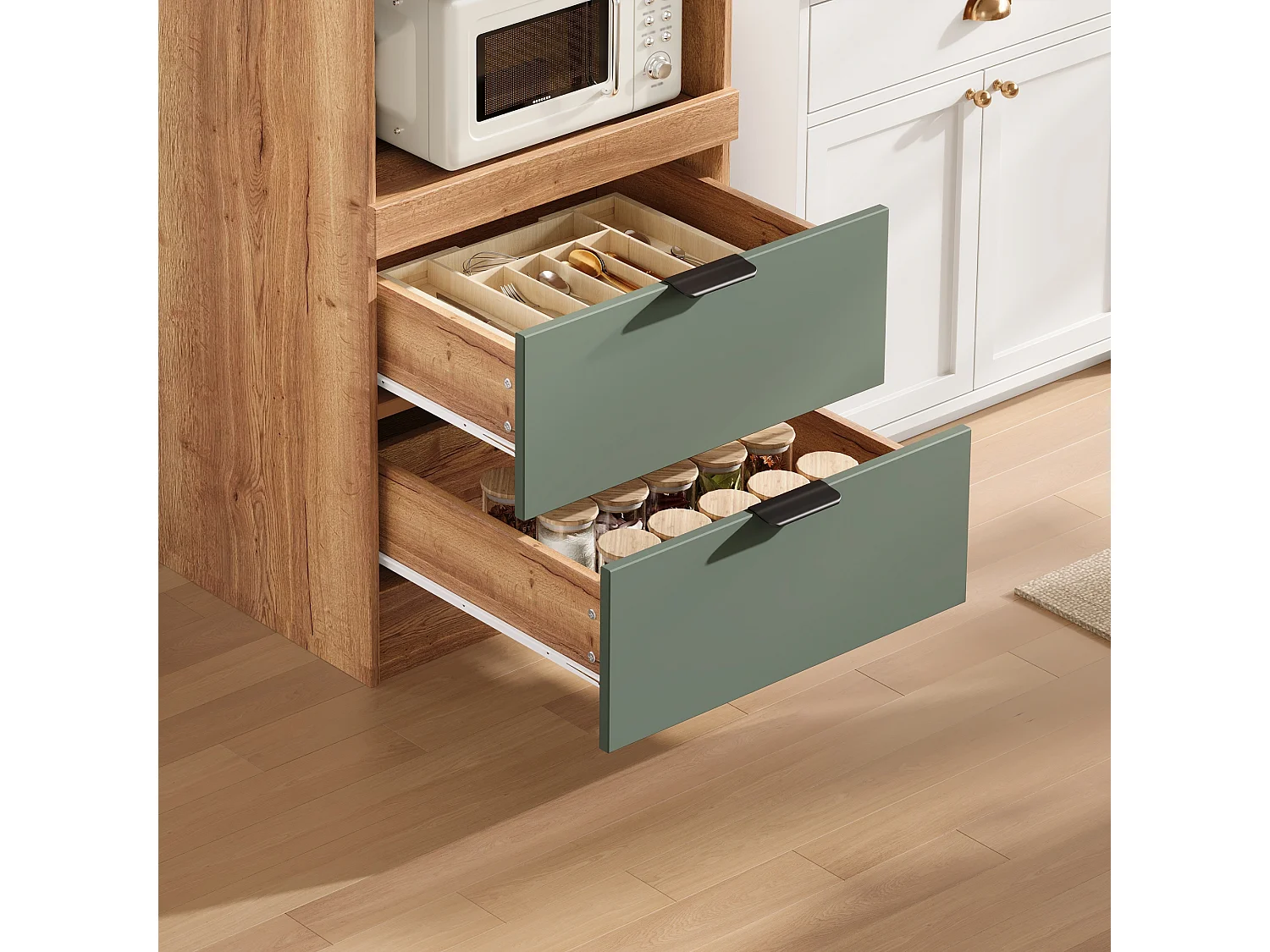 Bufé de cocina 59.5x45x200cm - con 2 puertas y 2 cajones - con 3 niveles de almacenamiento deslizantes y compartimento de almacenamiento - Verde