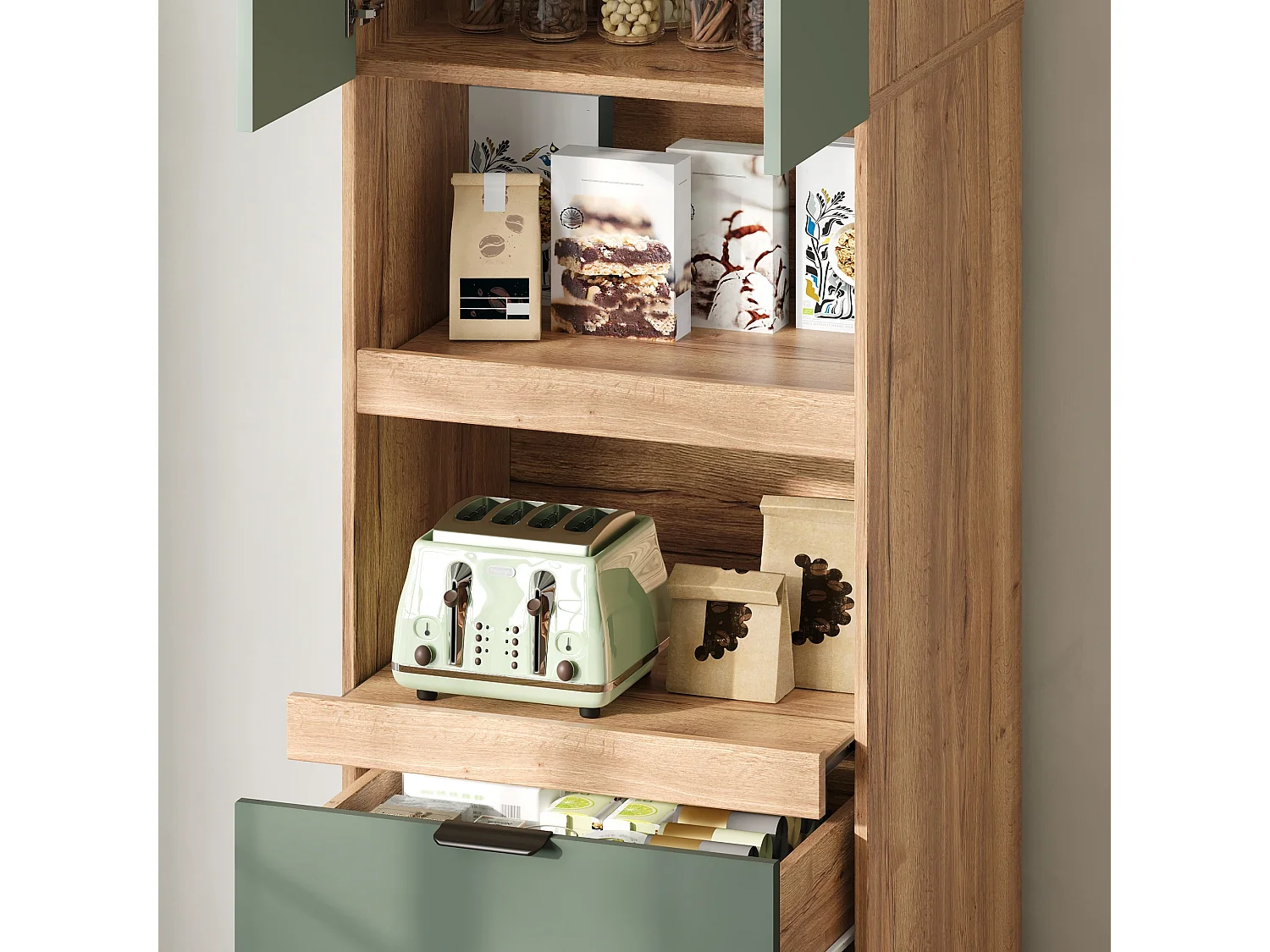 Bufé de cocina 59.5x45x200cm - con 2 puertas y 2 cajones - con 3 niveles de almacenamiento deslizantes y compartimento de almacenamiento - Verde