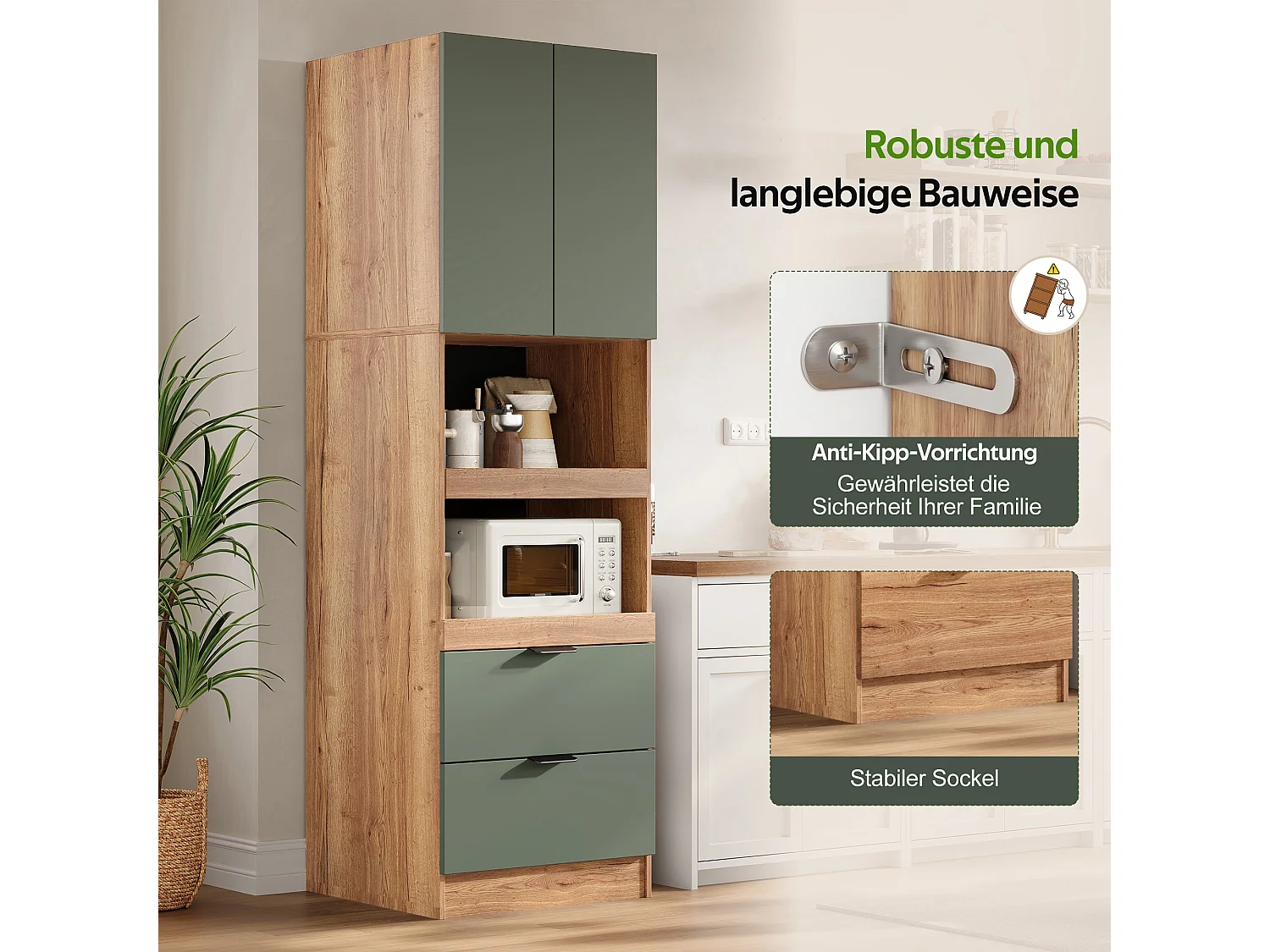 Bufé de cocina 59.5x45x200cm - con 2 puertas y 2 cajones - con 3 niveles de almacenamiento deslizantes y compartimento de almacenamiento - Verde