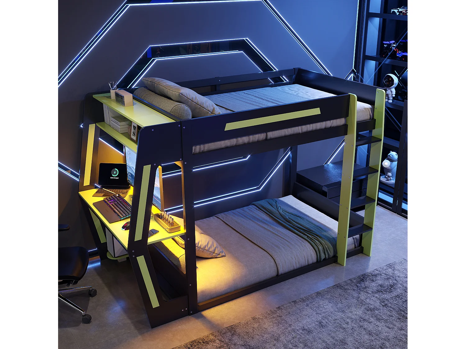 Hoogslaper 120x200 cm - met ladder - met LED-verlichting - bureau en houder voor computertoren - Massief hout + MDF - Zwart (zonder matras)