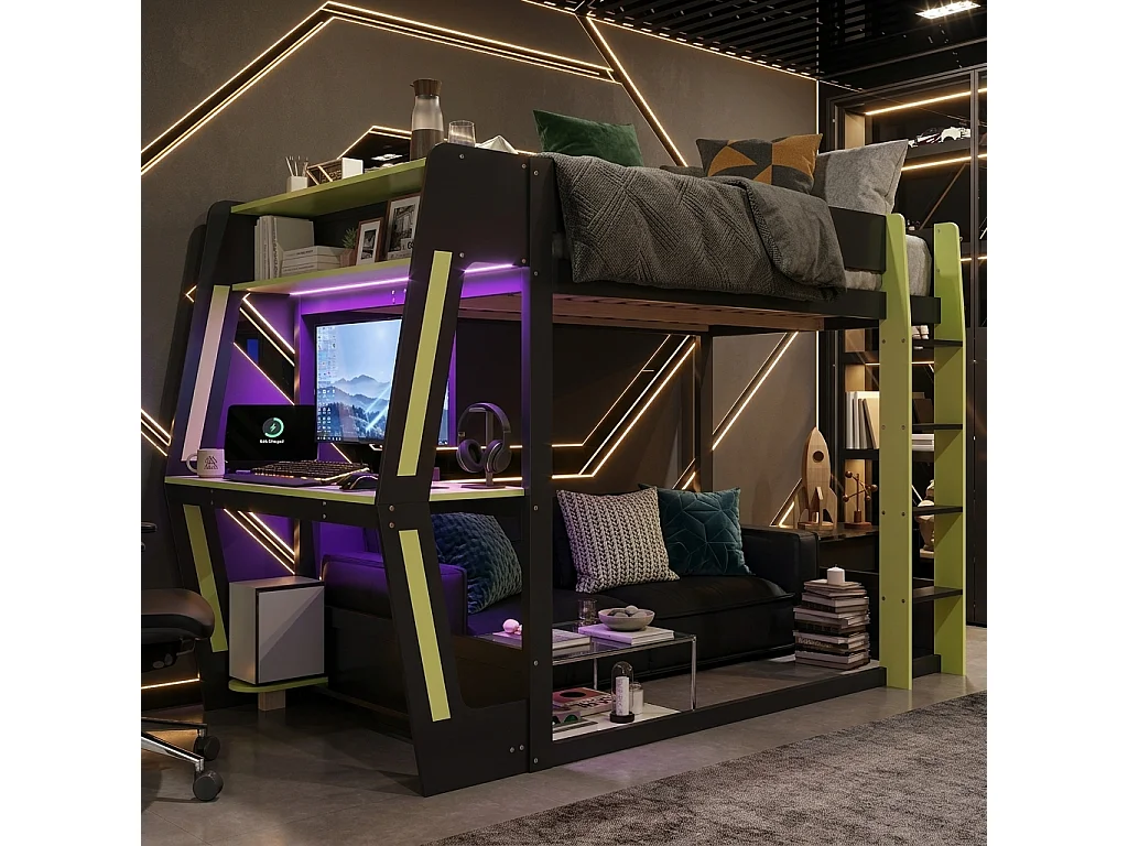 Hoogslaper 120x200 cm - met ladder - met LED-verlichting - bureau en houder voor computertoren - Massief hout + MDF - Zwart (zonder matras)