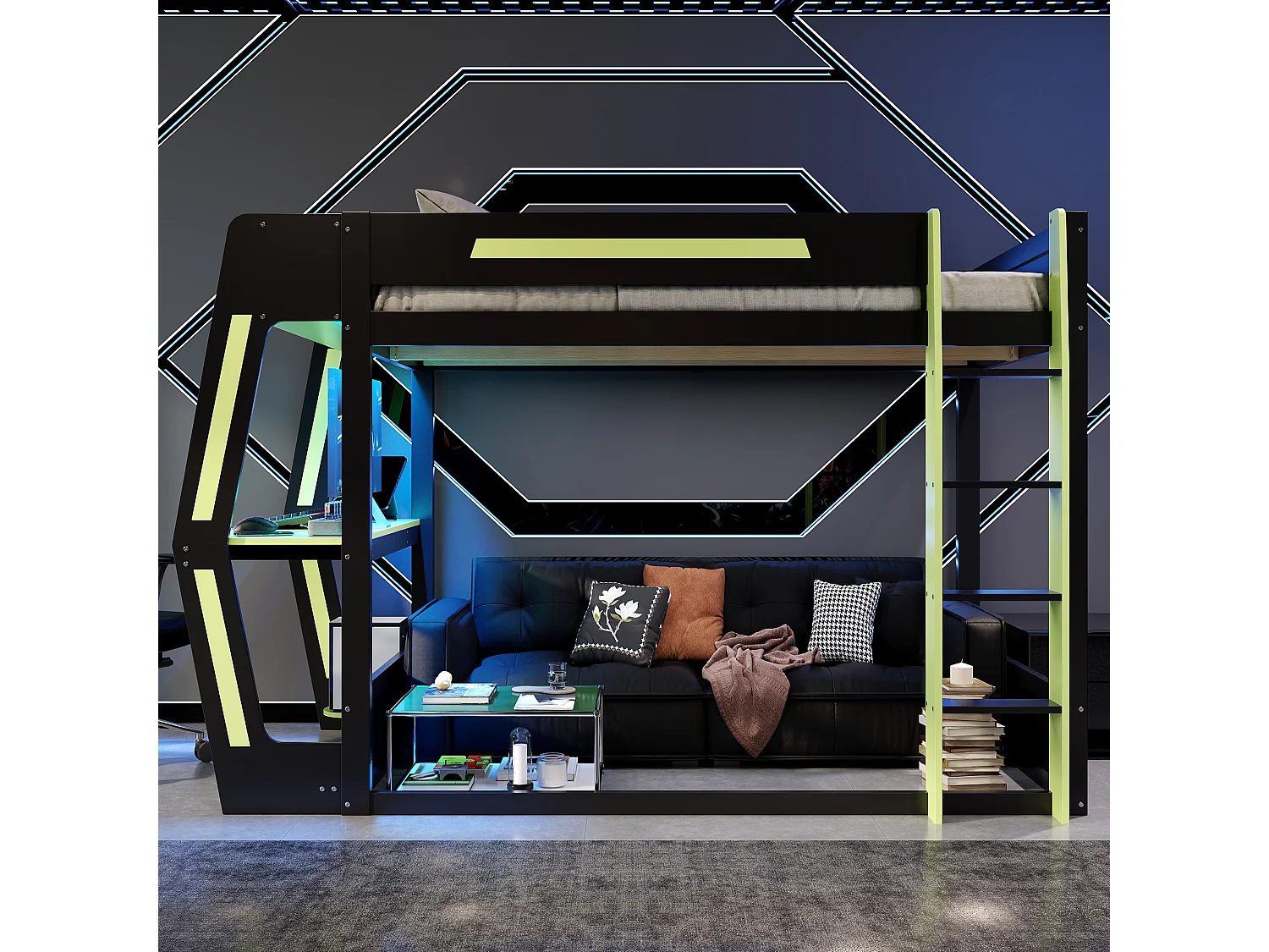 Hoogslaper 120x200 cm - met ladder - met LED-verlichting - bureau en houder voor computertoren - Massief hout + MDF - Zwart (zonder matras)