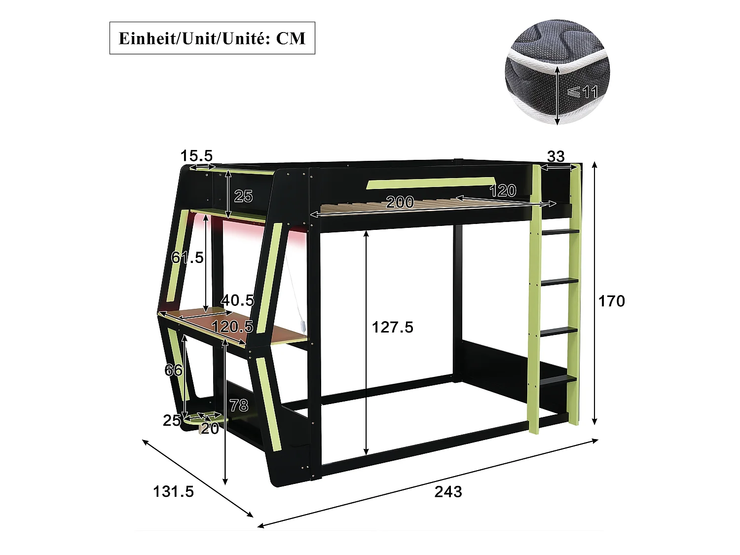 Hoogslaper 120x200 cm - met ladder - met LED-verlichting - bureau en houder voor computertoren - Massief hout + MDF - Zwart (zonder matras)