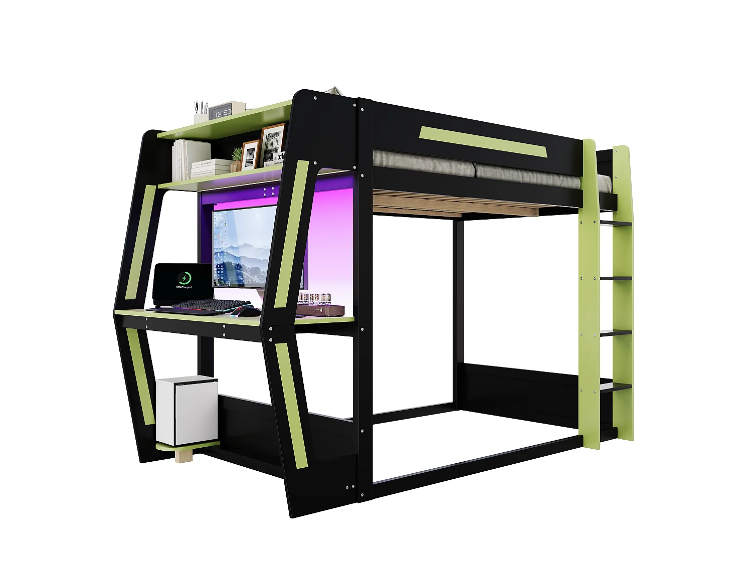 Hoogslaper 120x200 cm - met ladder - met LED-verlichting - bureau en houder voor computertoren - Massief hout + MDF - Zwart (zonder matras)