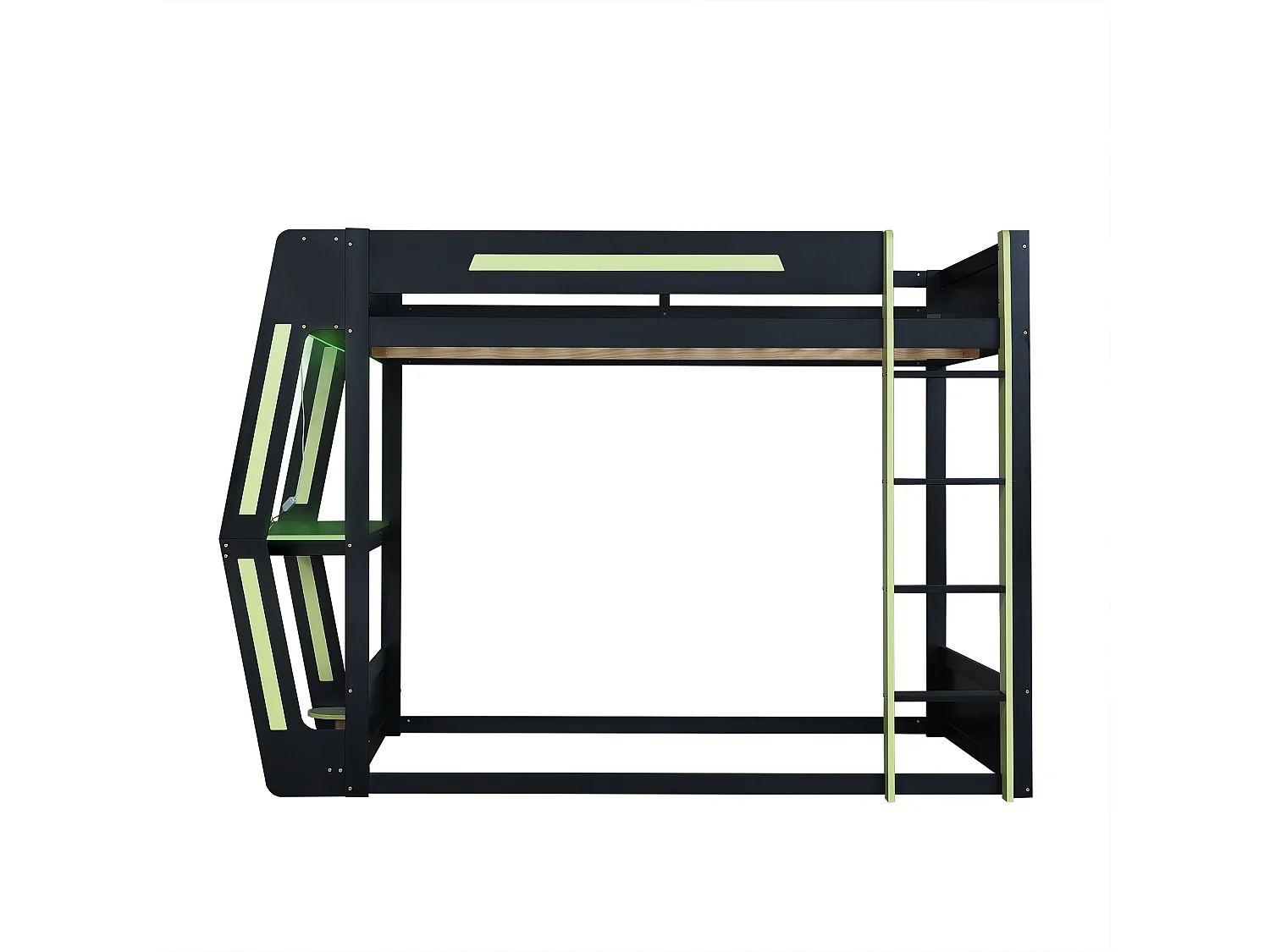 Hoogslaper 120x200 cm - met ladder - met LED-verlichting - bureau en houder voor computertoren - Massief hout + MDF - Zwart (zonder matras)