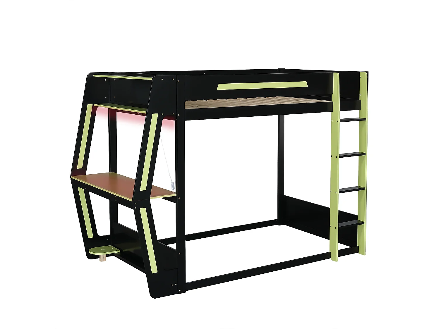 Hoogslaper 120x200 cm - met ladder - met LED-verlichting - bureau en houder voor computertoren - Massief hout + MDF - Zwart (zonder matras)