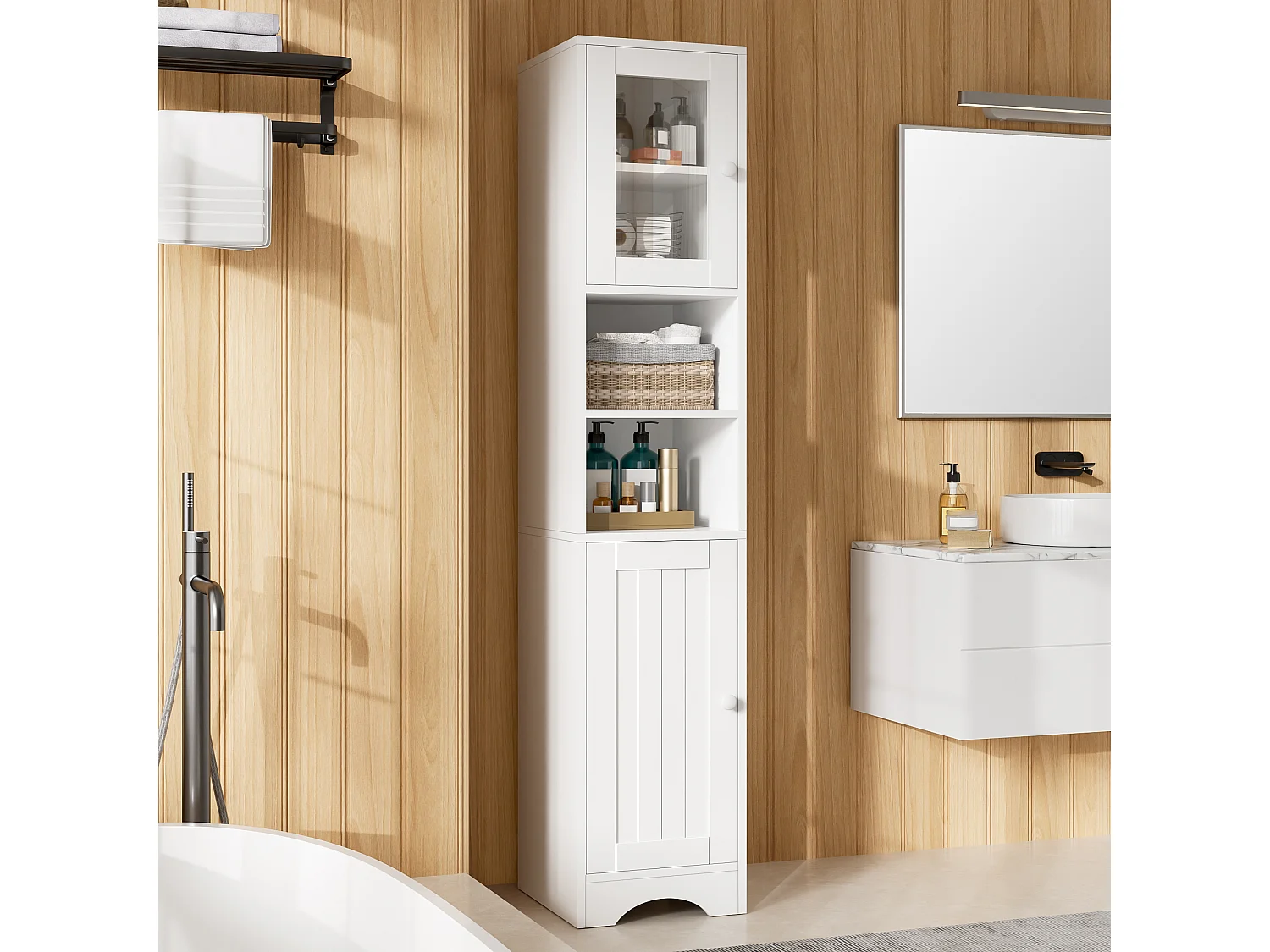 Columna de baño altura 160cm - con puerta de vidrio, estantes ajustables y compartimentos de almacenamiento abiertos - Blanco