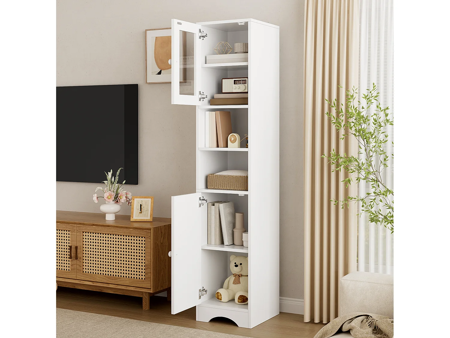 Columna de baño altura 160cm - con puerta de vidrio, estantes ajustables y compartimentos de almacenamiento abiertos - Blanco