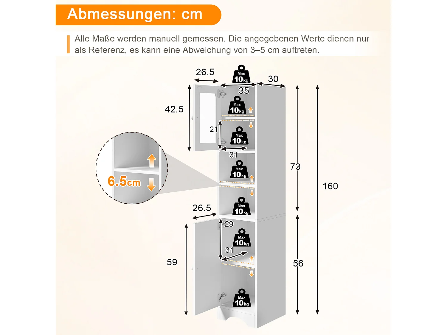 Columna de baño altura 160cm - con puerta de vidrio, estantes ajustables y compartimentos de almacenamiento abiertos - Blanco