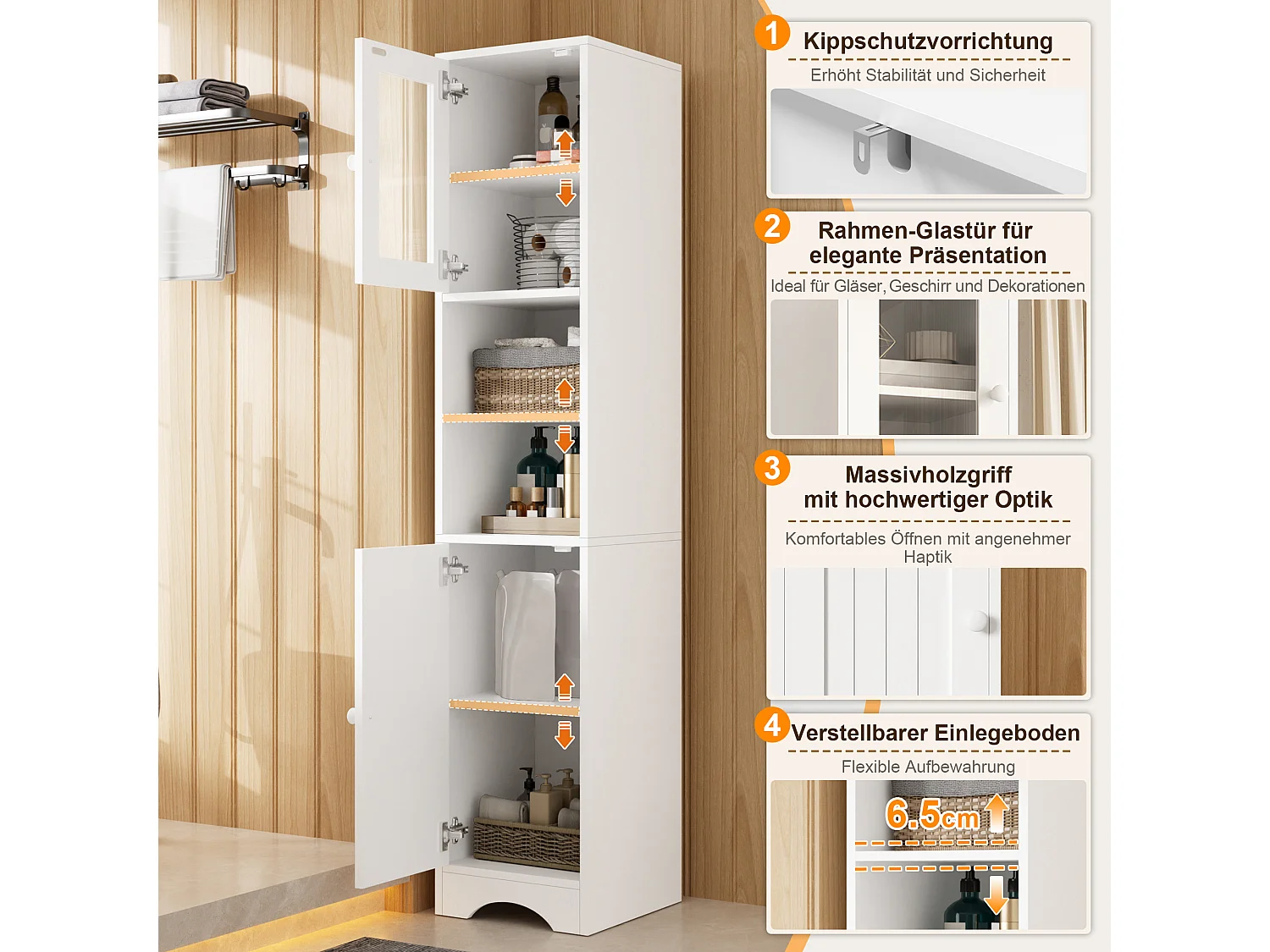 Columna de baño altura 160cm - con puerta de vidrio, estantes ajustables y compartimentos de almacenamiento abiertos - Blanco