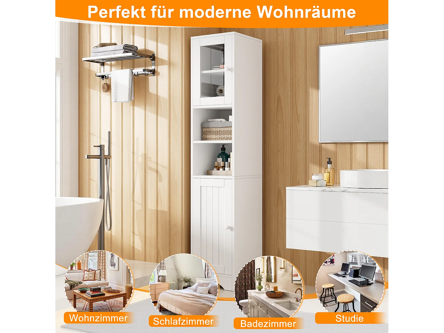 Columna de baño altura 160cm - con puerta de vidrio, estantes ajustables y compartimentos de almacenamiento abiertos - Blanco