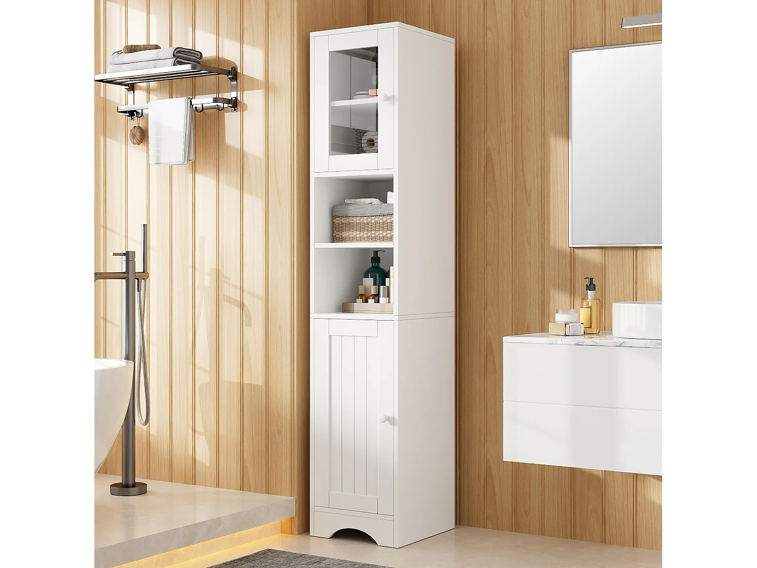 Columna de baño altura 160cm - con puerta de vidrio, estantes ajustables y compartimentos de almacenamiento abiertos - Blanco