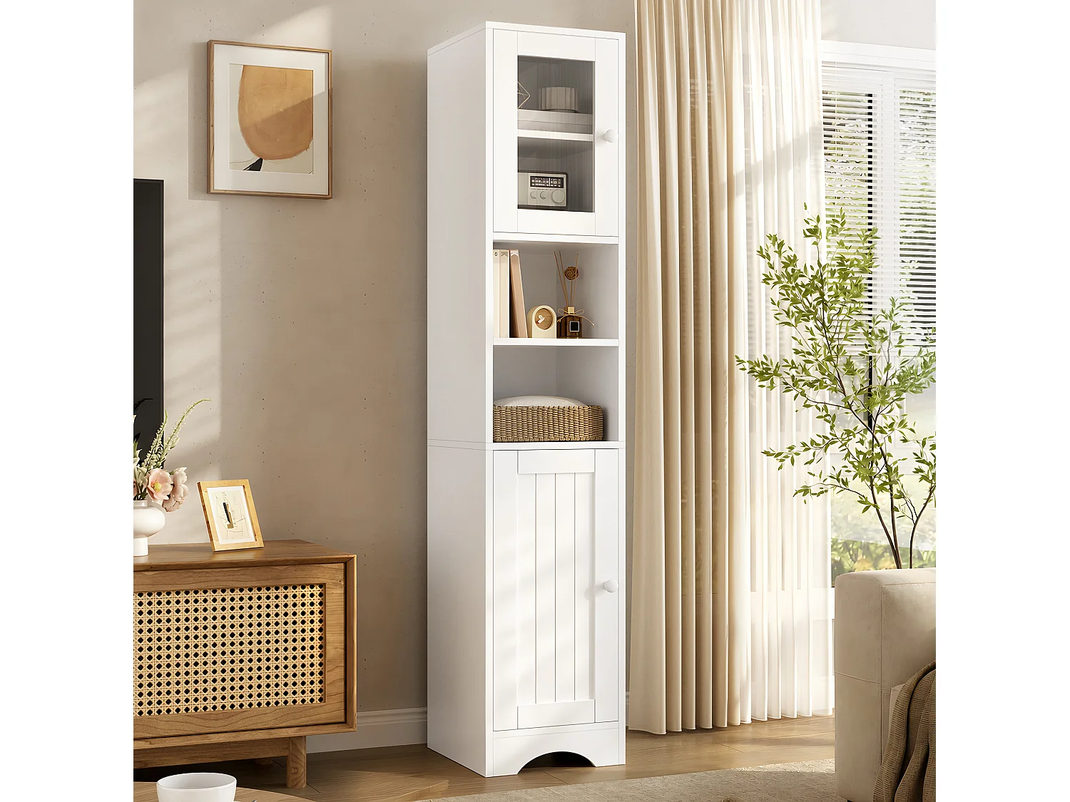 Columna de baño altura 160cm - con puerta de vidrio, estantes ajustables y compartimentos de almacenamiento abiertos - Blanco